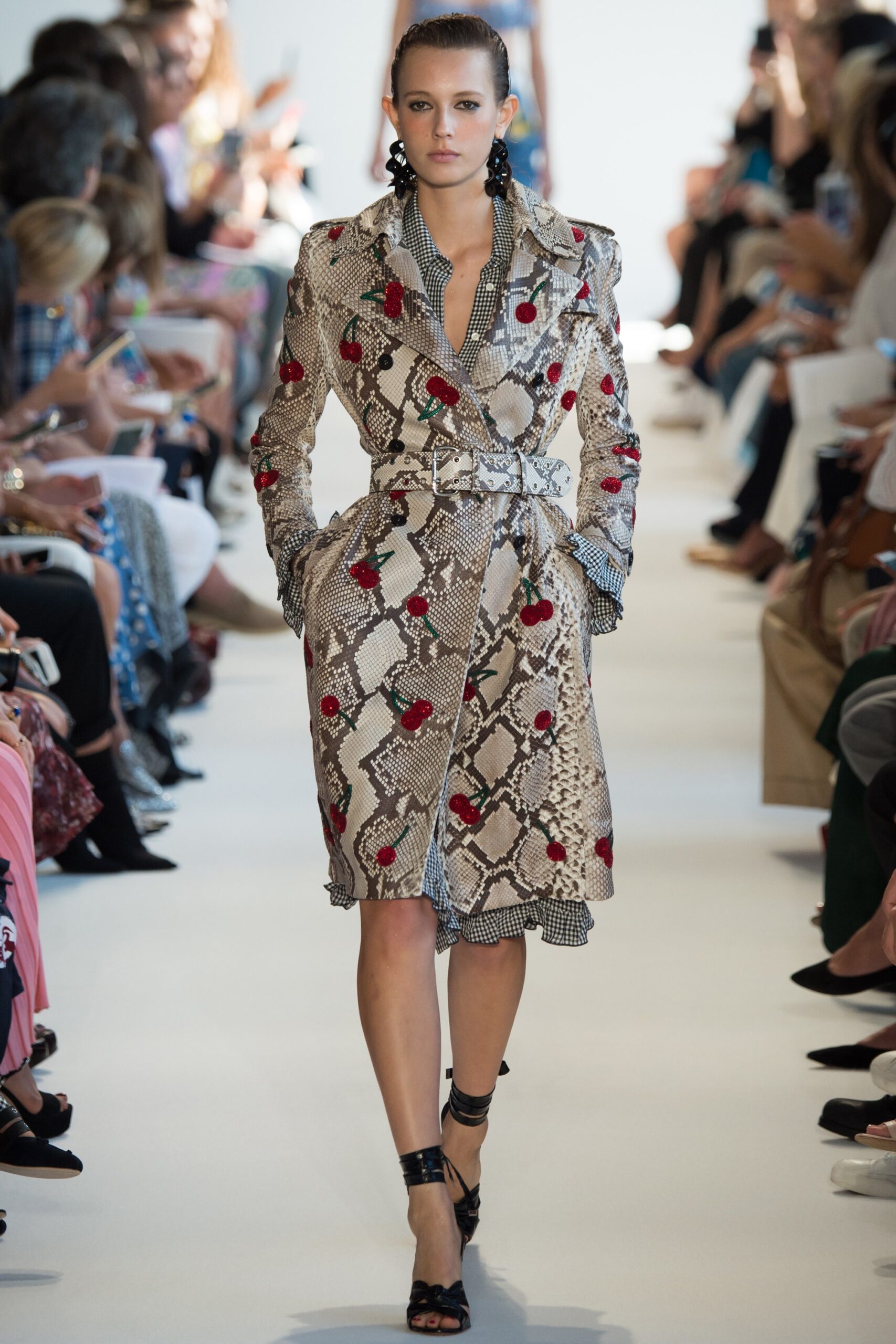 beige printed fitted trench coat