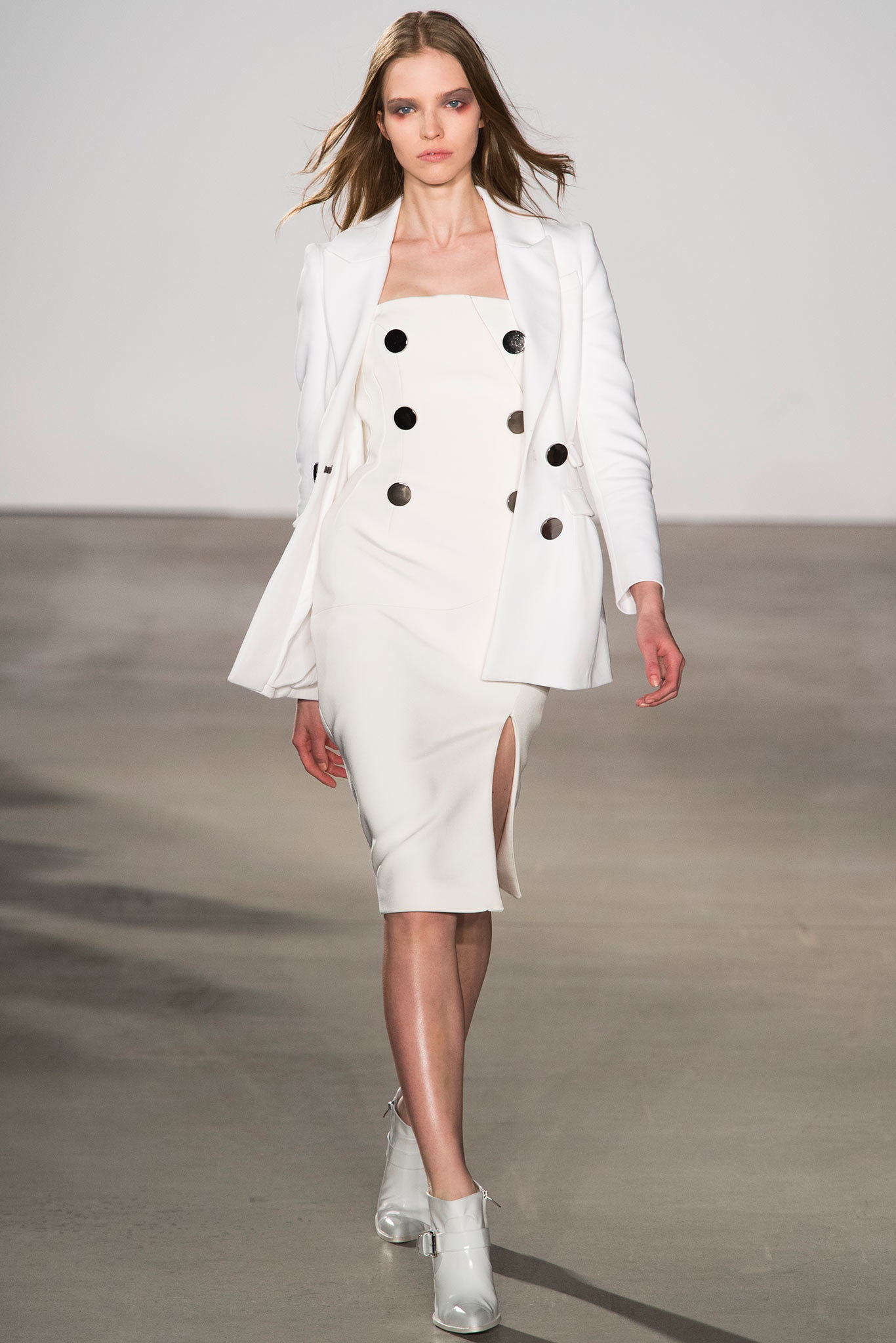 white blazer and fitted dress