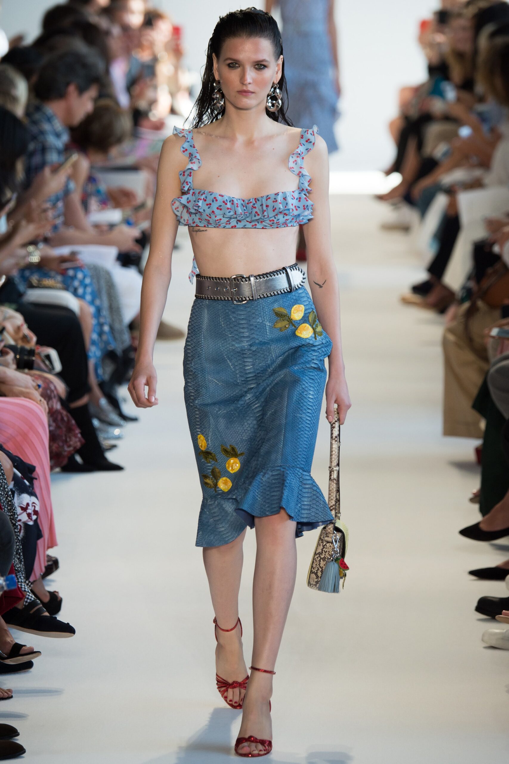 blue crop-top and midi skirt