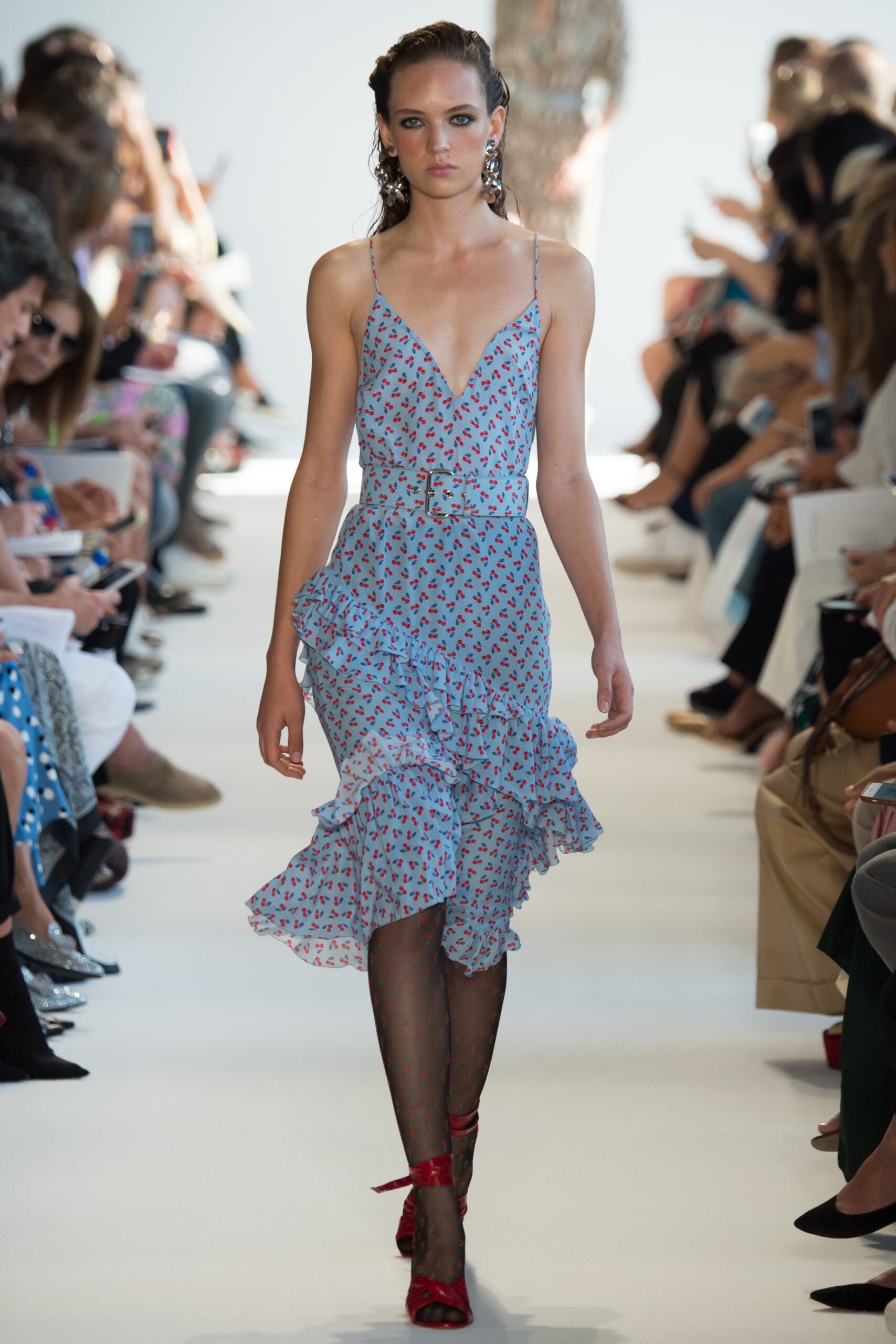 blue ruffled midi dress with red heels