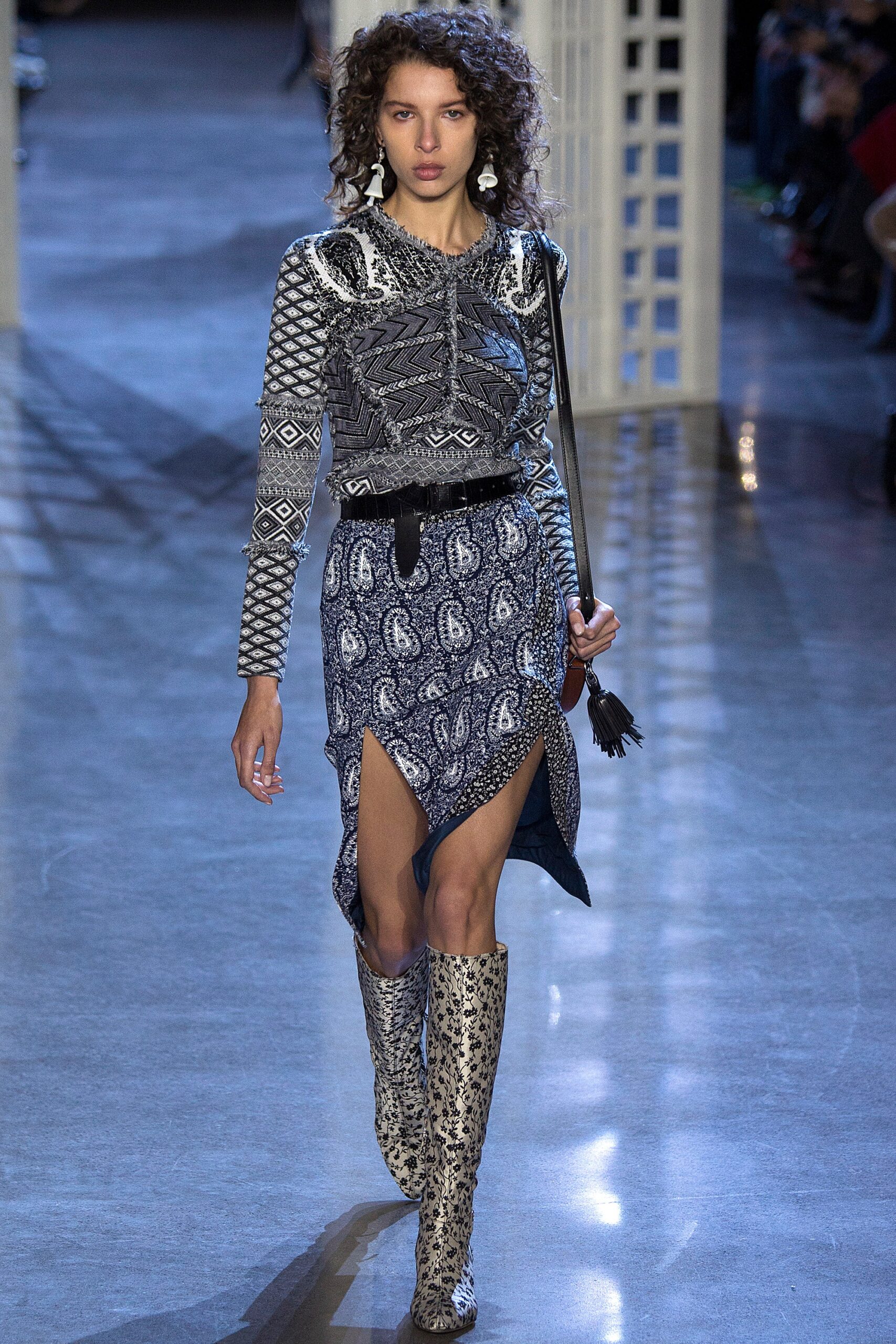 blue silk long-sleeve v-neck fitted printed tiered dress