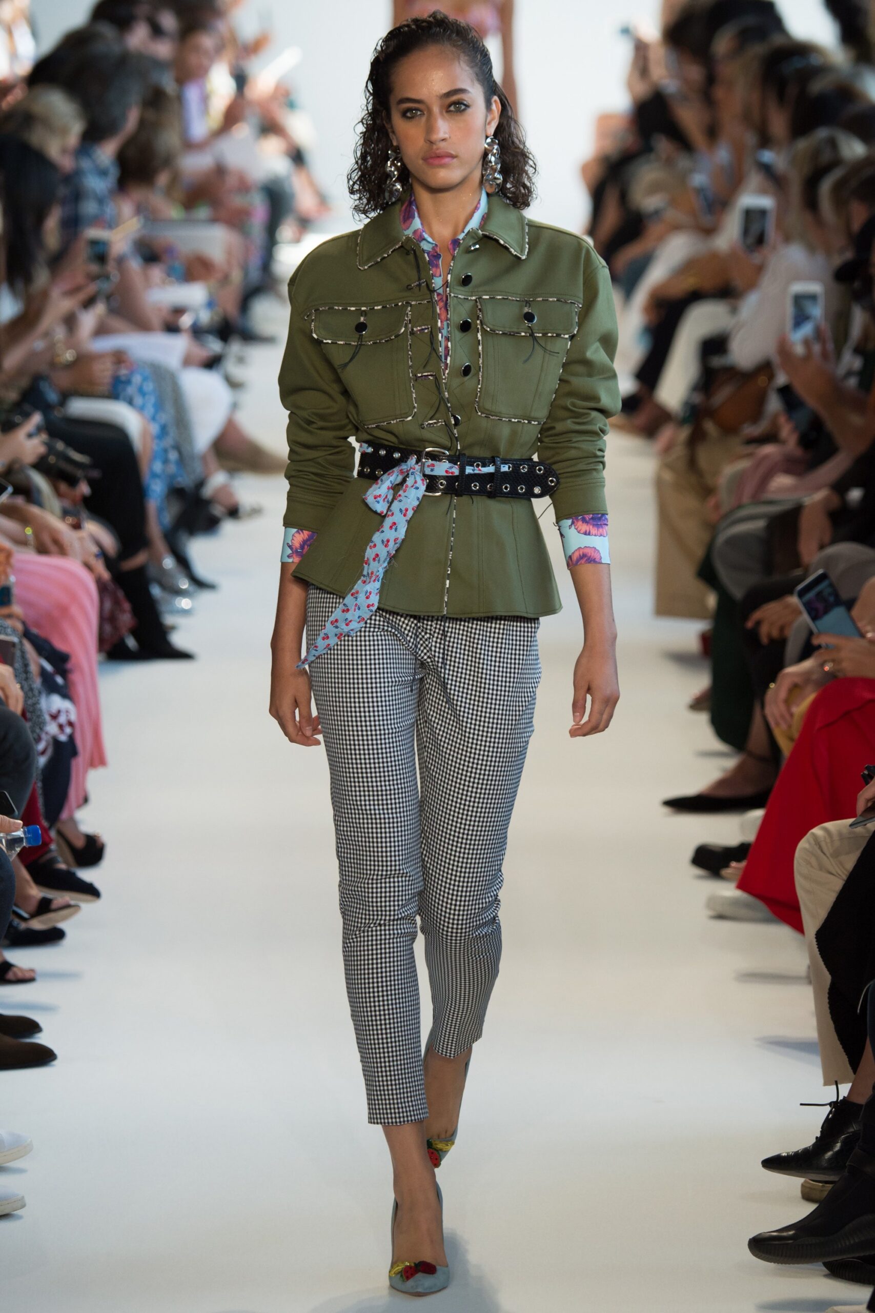 green fitted jacket with checked pants