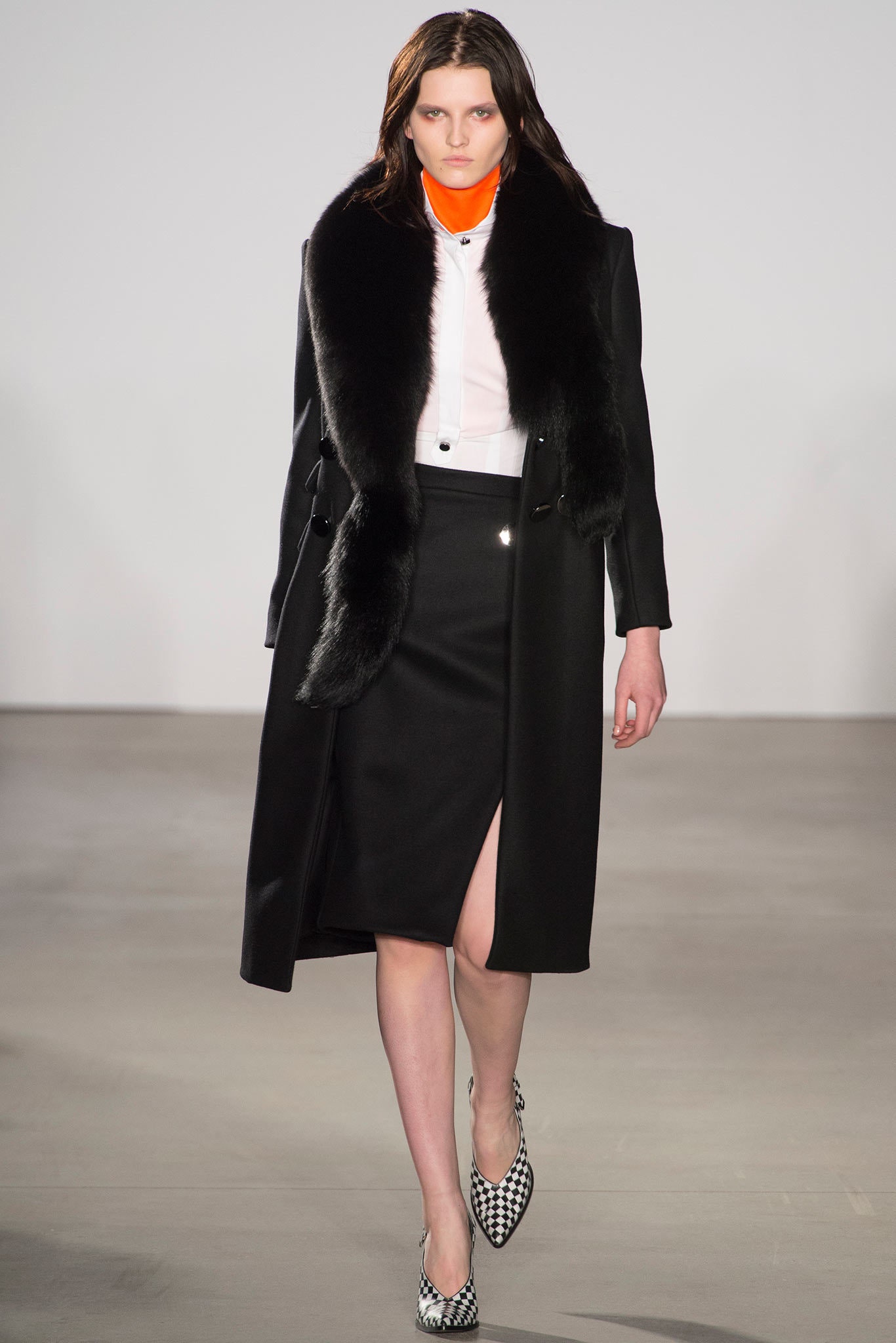 black wool long-sleeve collared structured belted coat