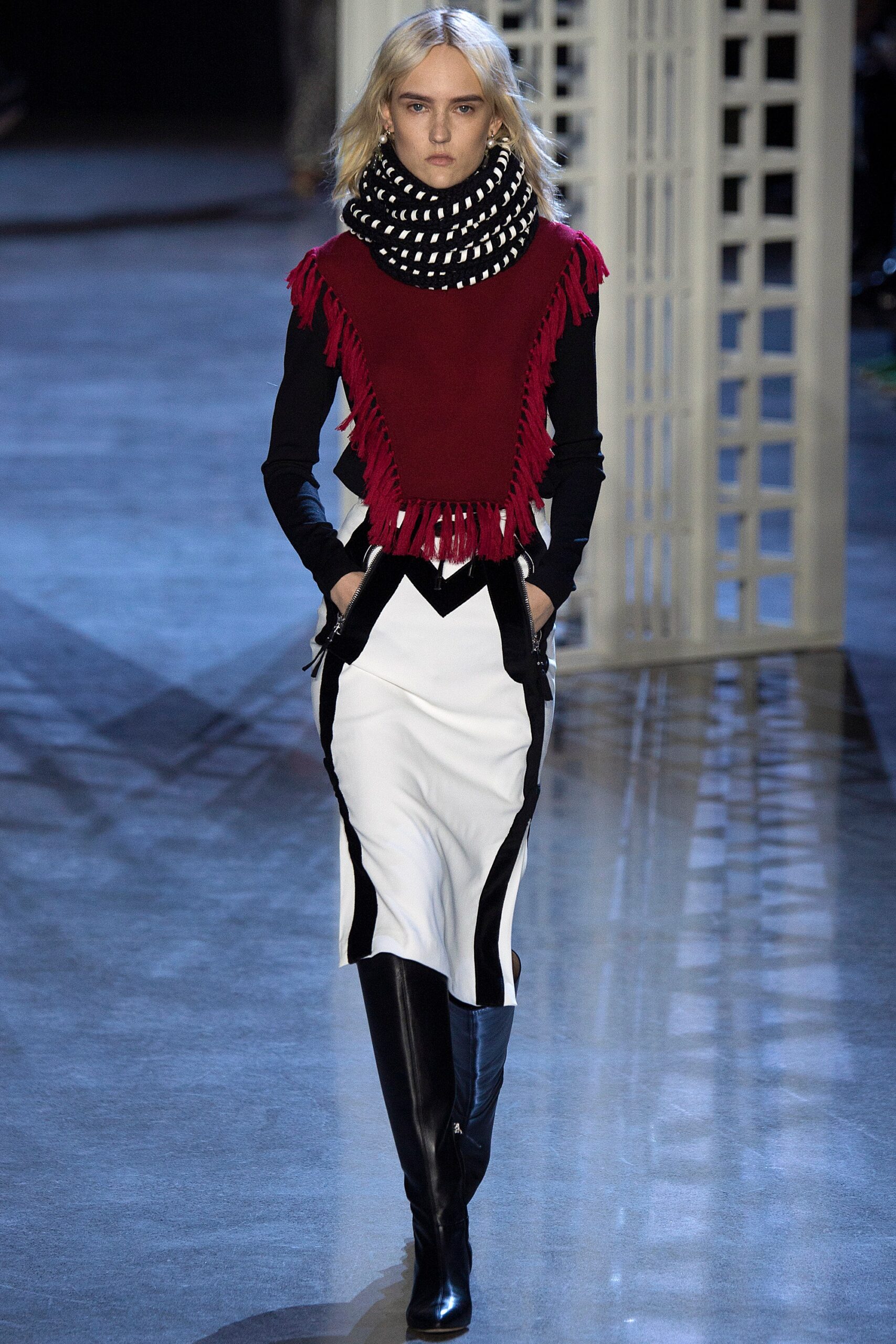 red wool long-sleeve collared fitted fringed top