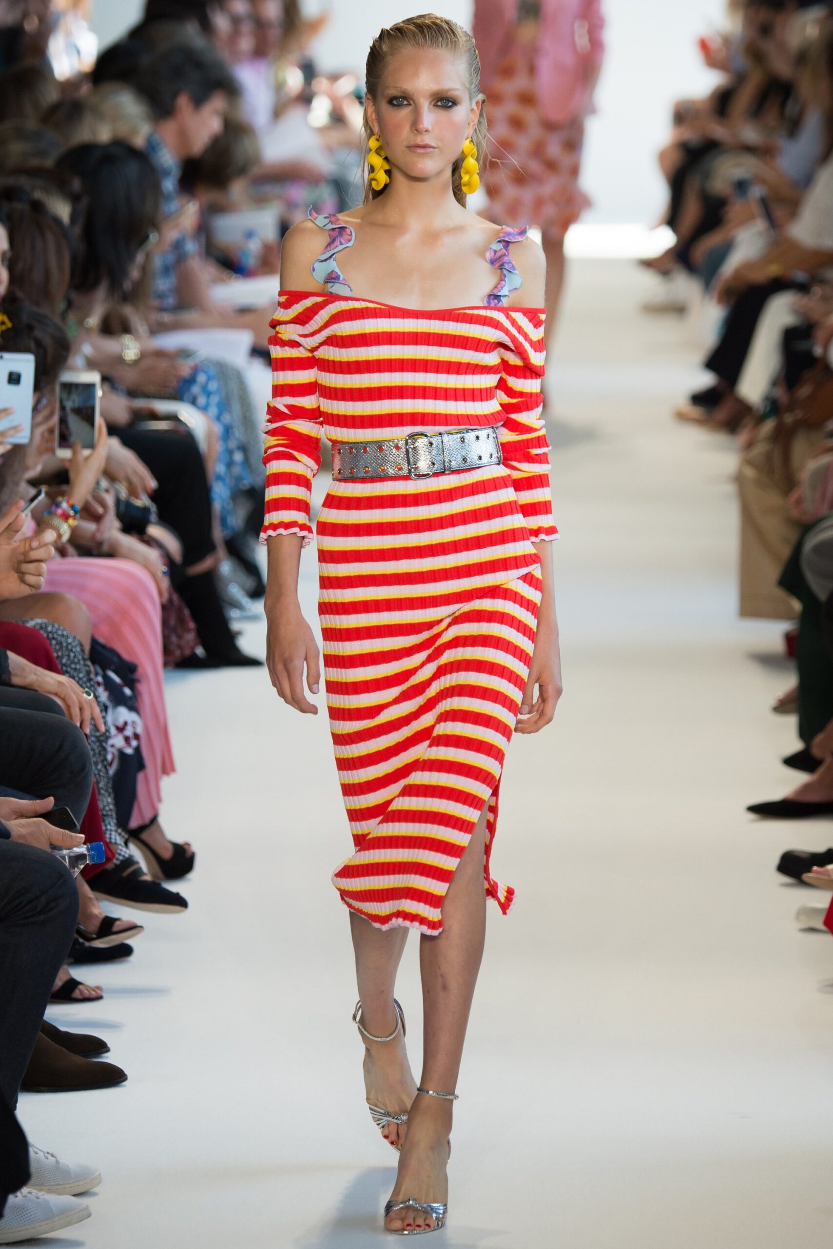 red and white striped off-shoulder dress