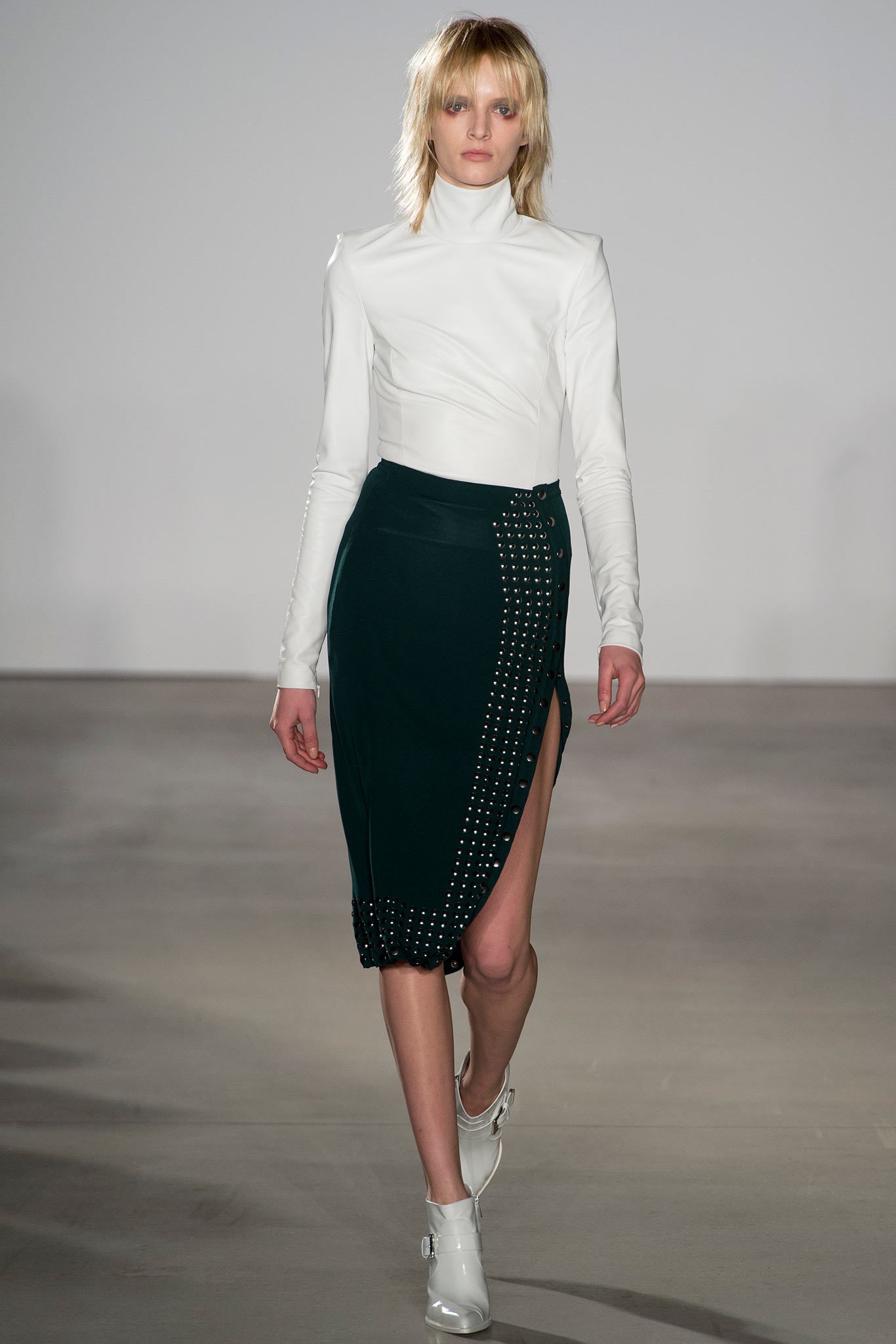 white fitted top with green skirt