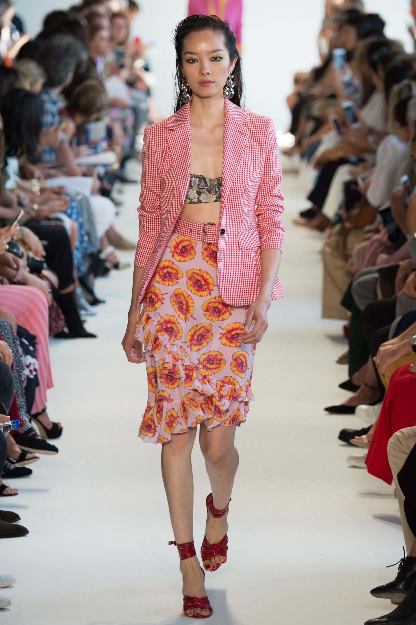 pink checked blazer with floral skirt