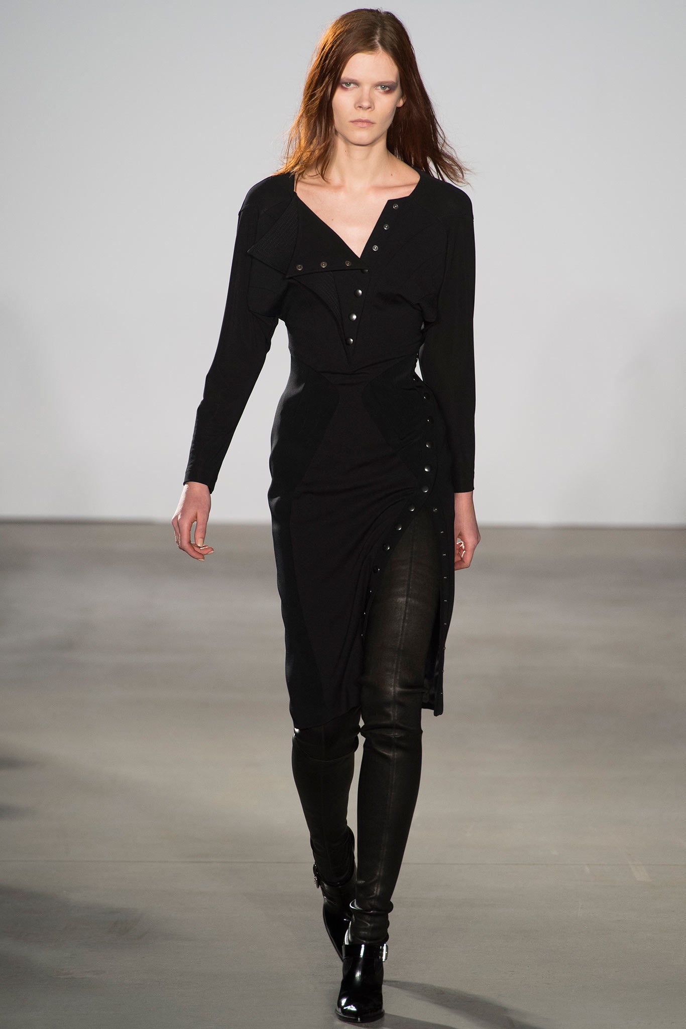 black fitted dress with leather pants