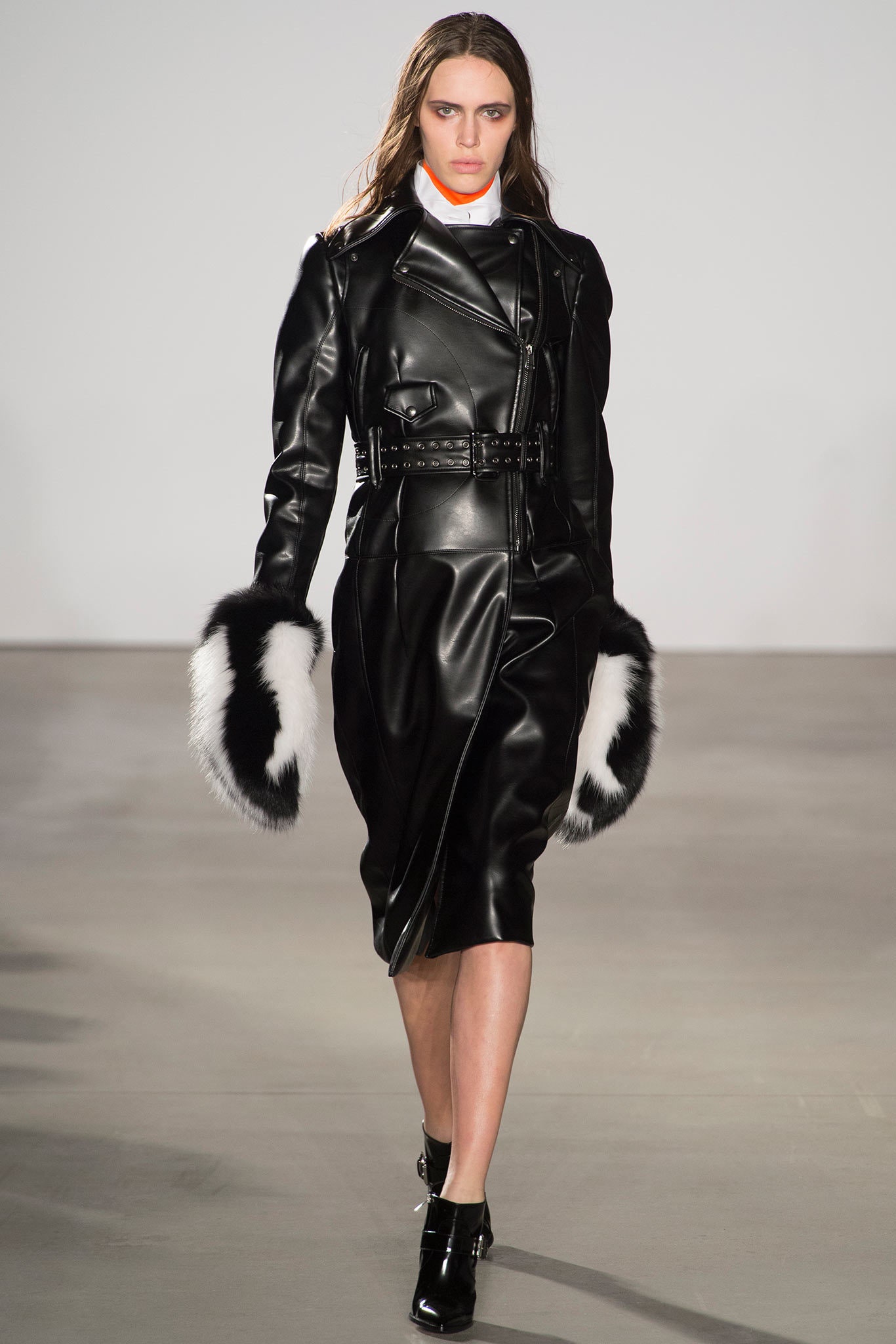 black leather midi dress with fur