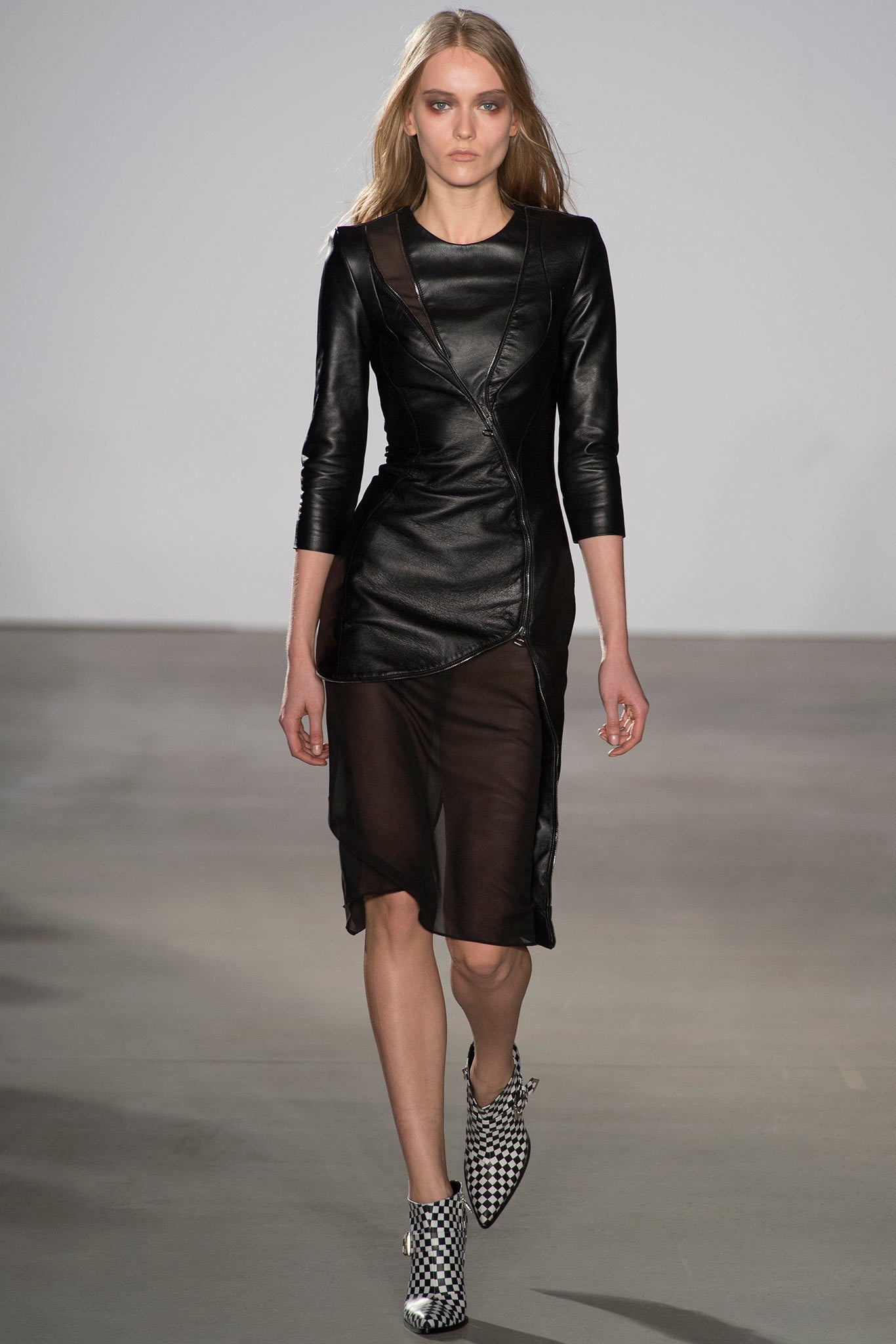 black leather long-sleeve v-neck fitted sheer midi dress