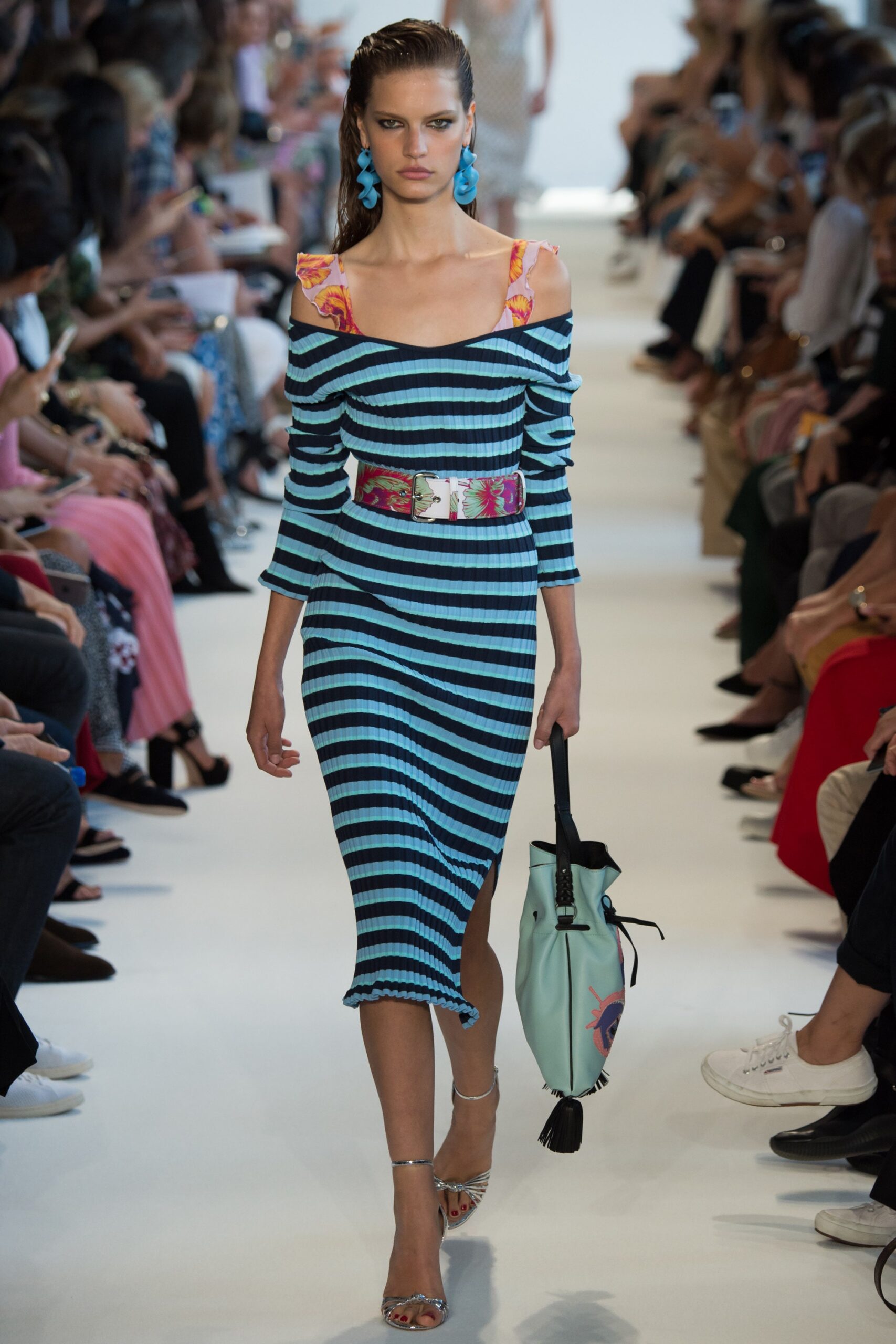 blue striped off-shoulder midi dress