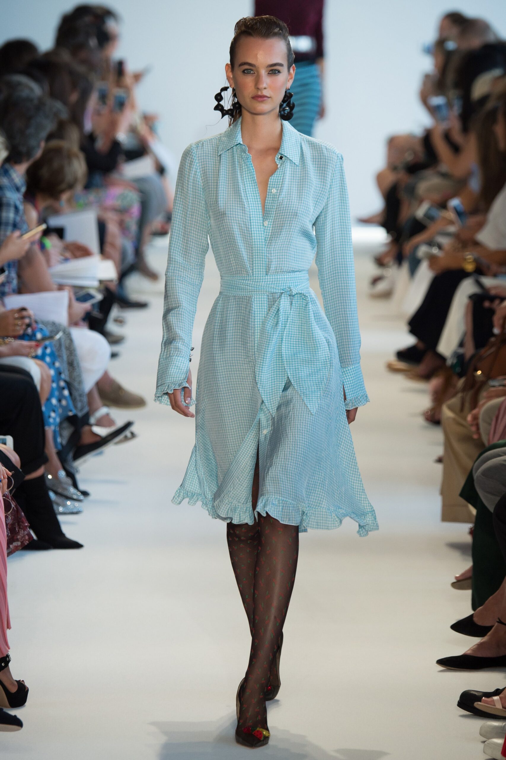 blue and white shirt-dress with polka-dot stockings