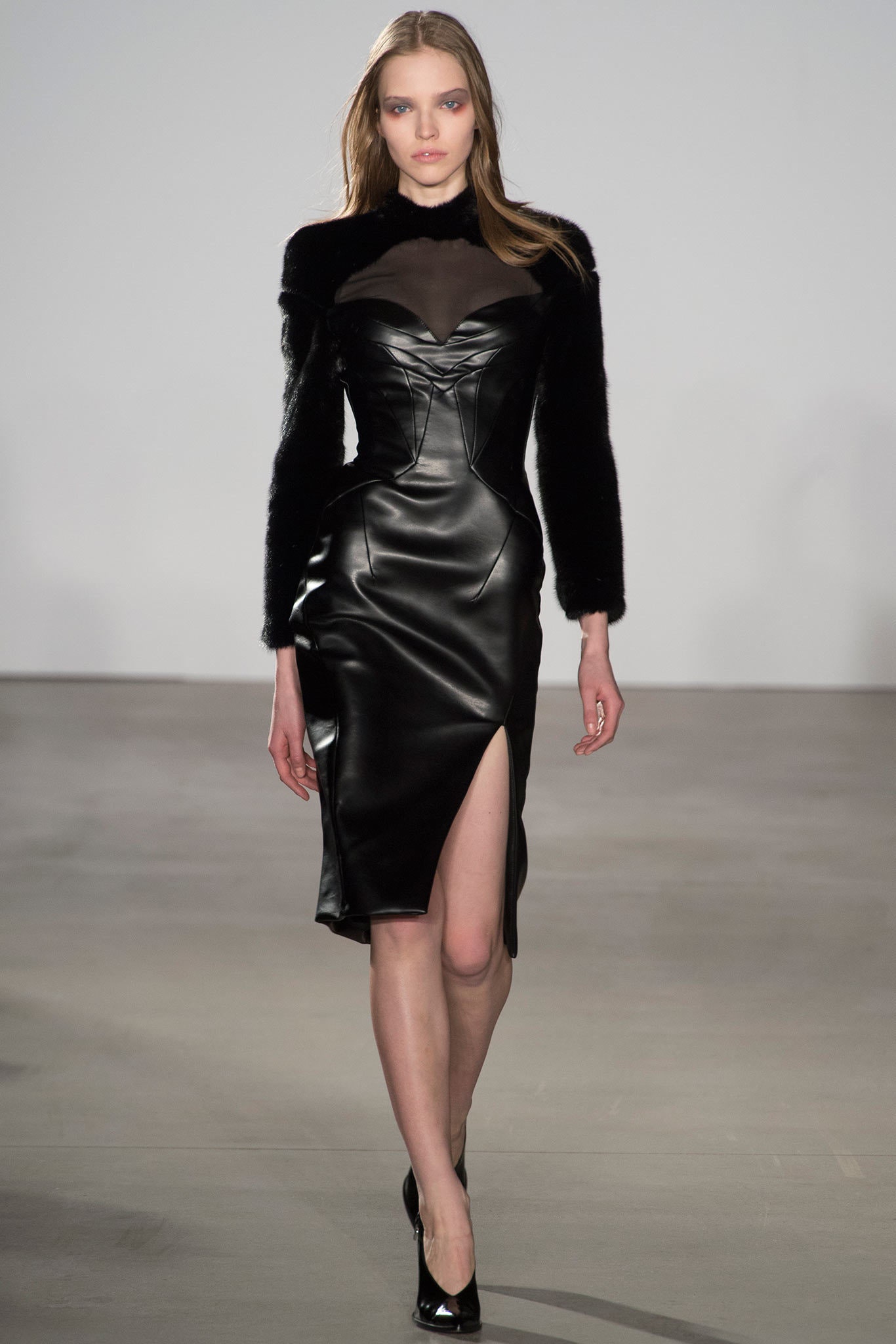 black leather long-sleeve v-neck fitted structured midi dress