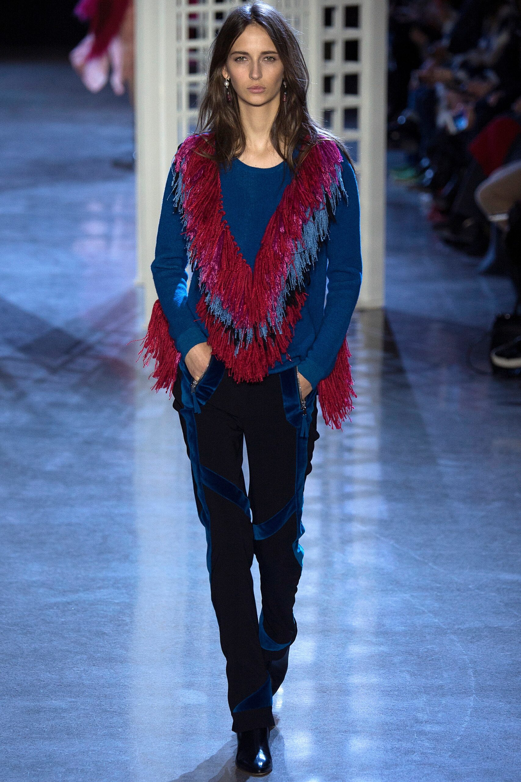 blue cotton long-sleeve relaxed fringed top