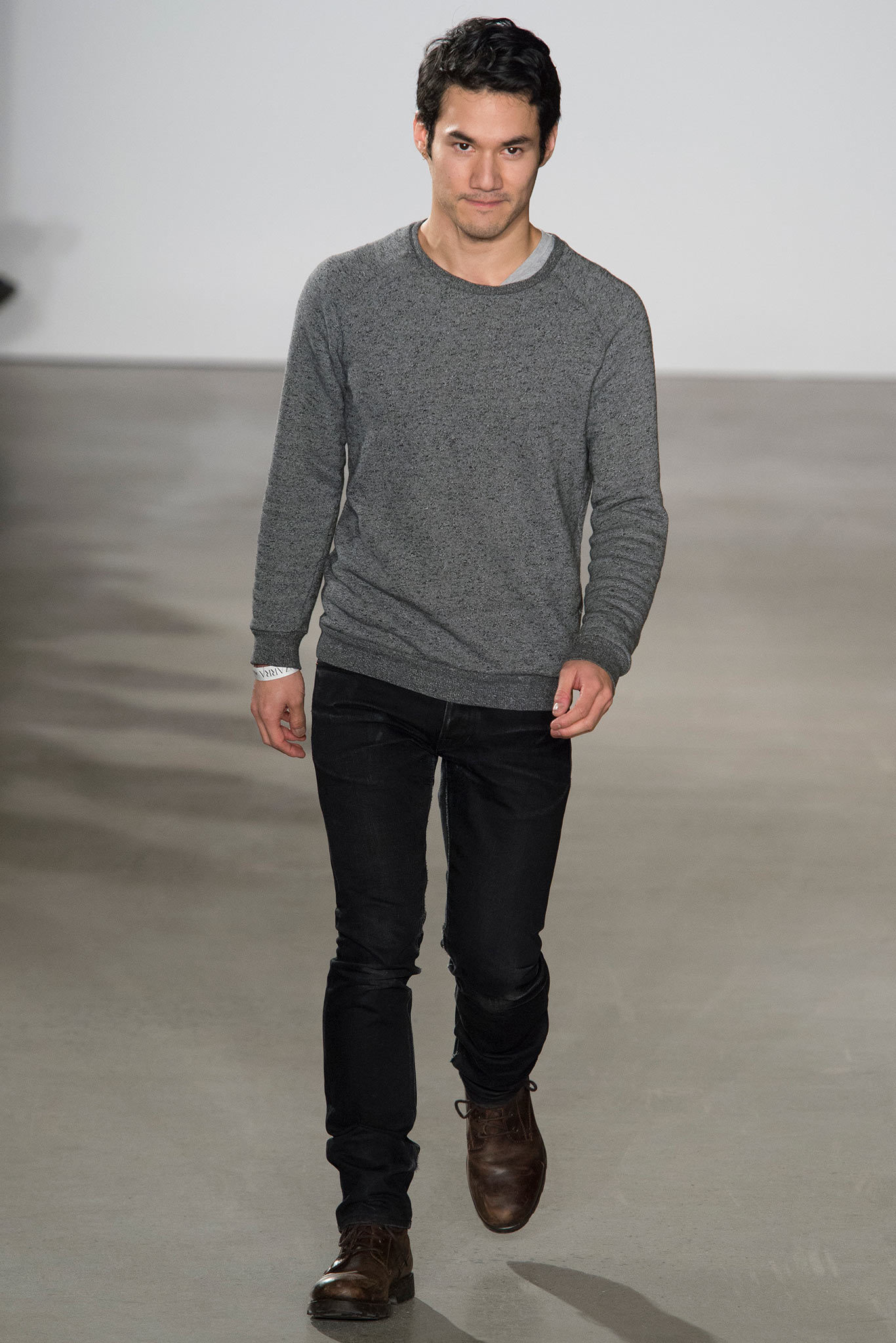 gray fitted sweater with black pants
