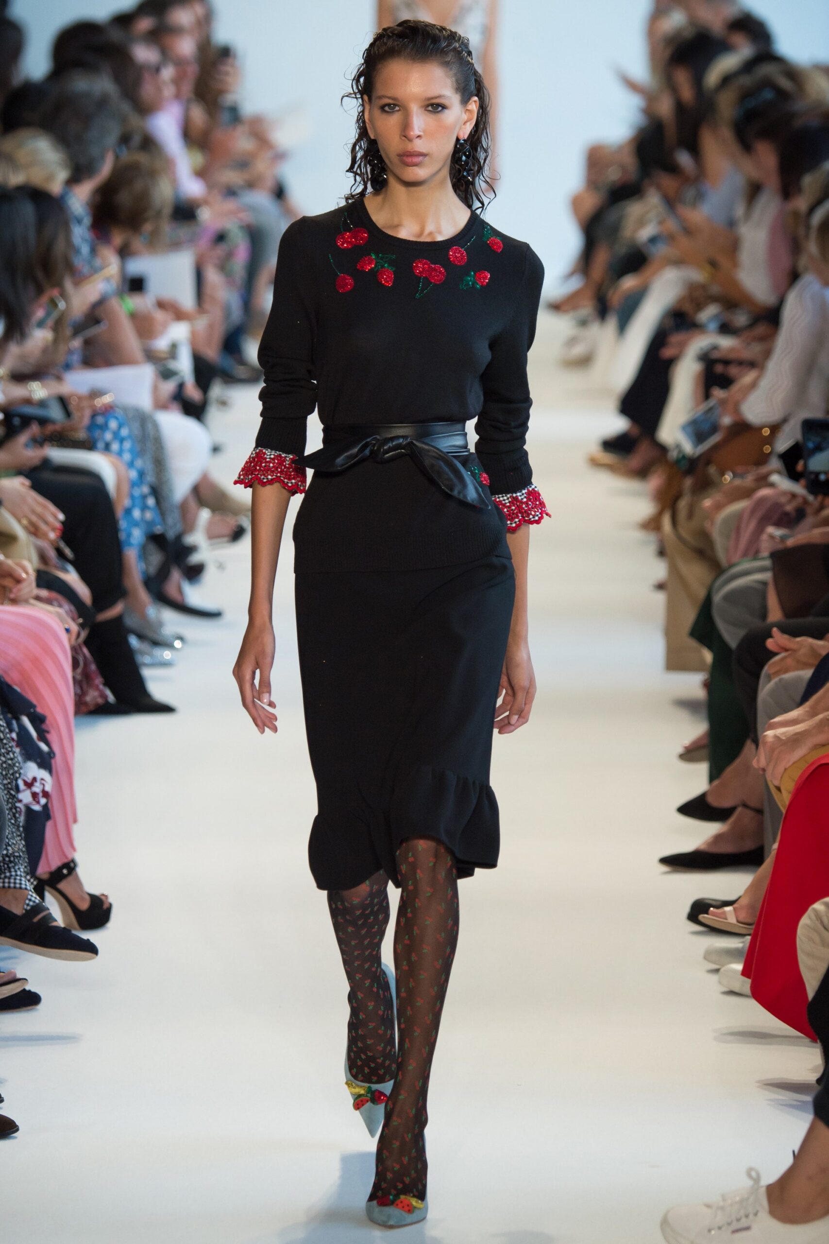 black fitted midi dress with embroidery