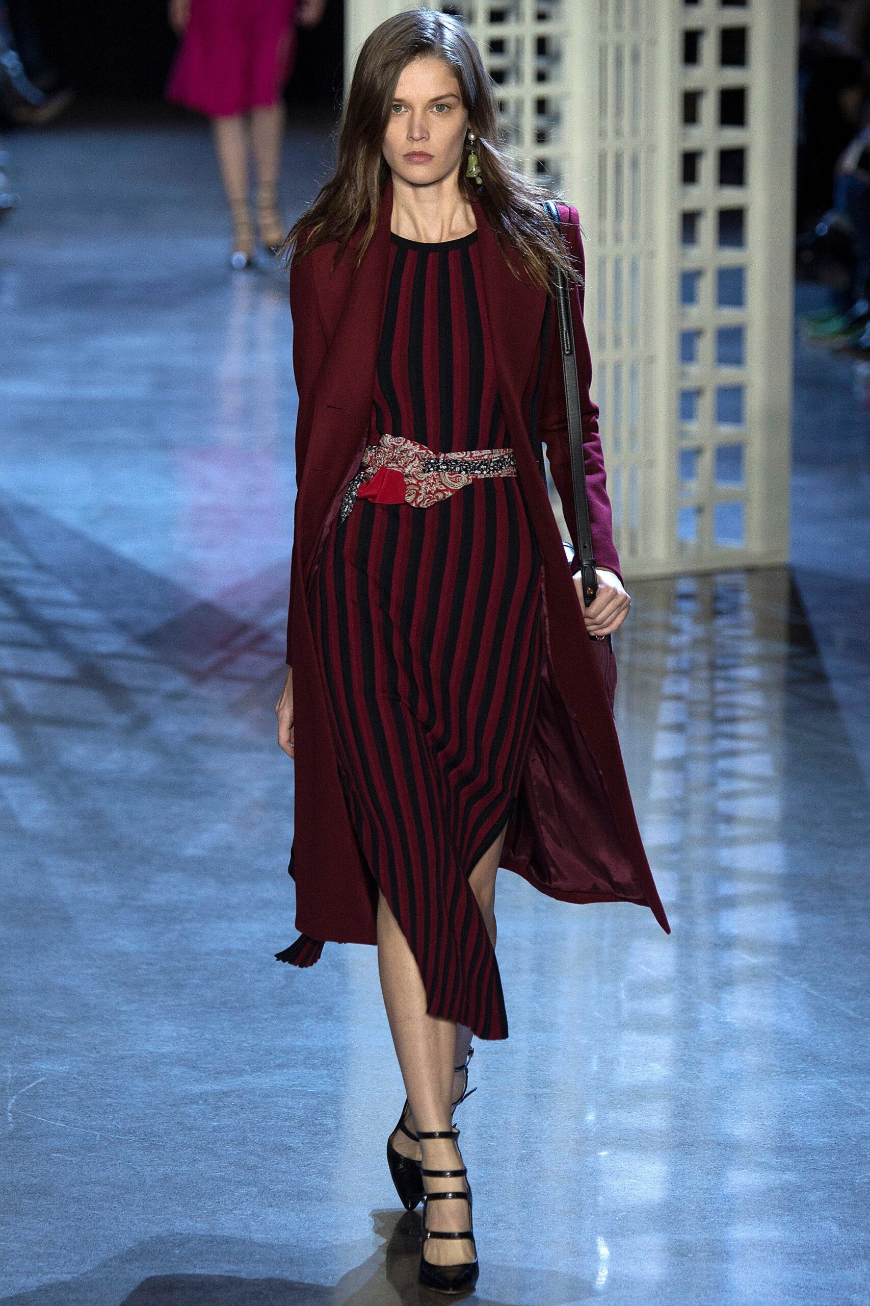 red and black striped midi dress with maroon coat