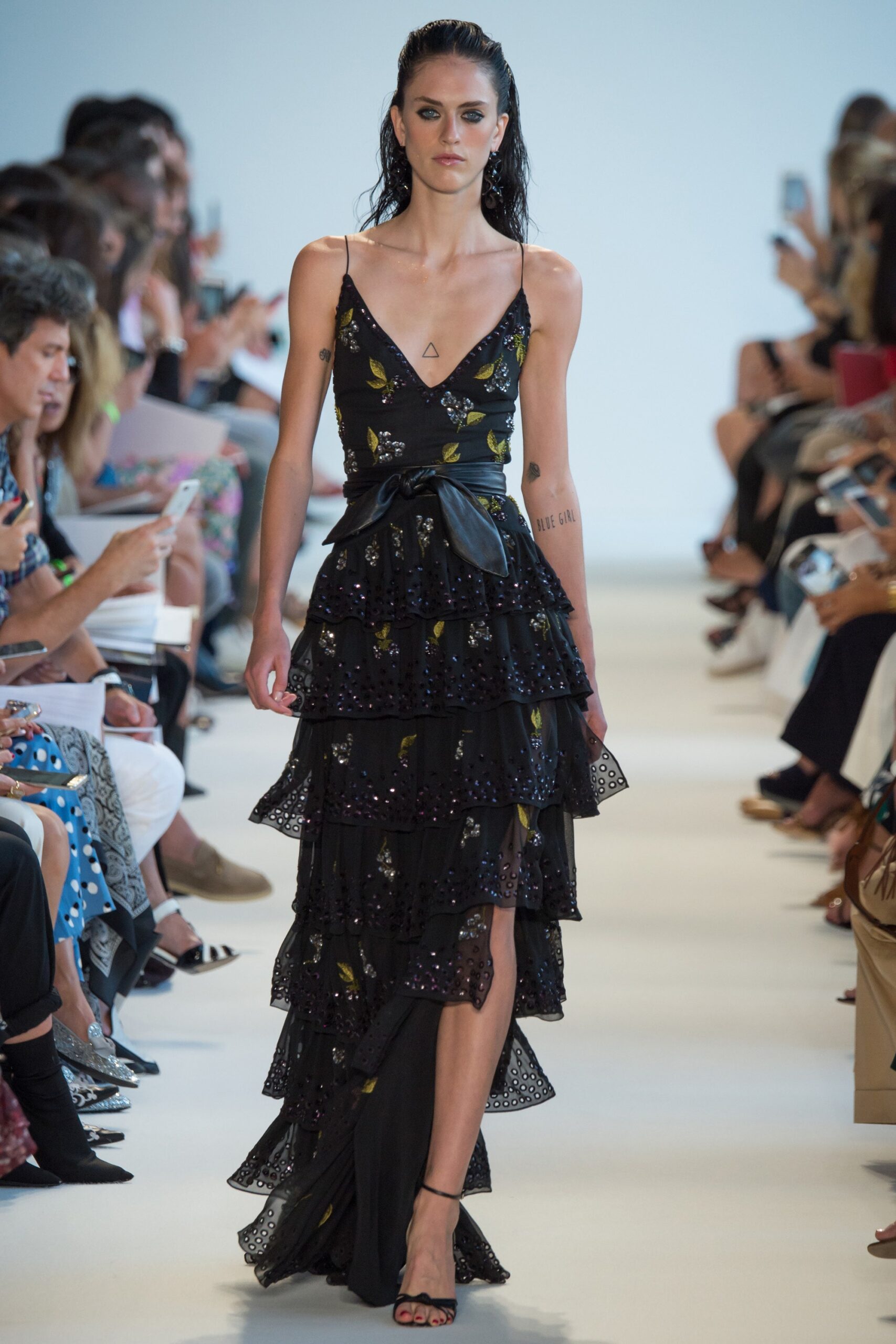 black silk sleeveless tiered dress