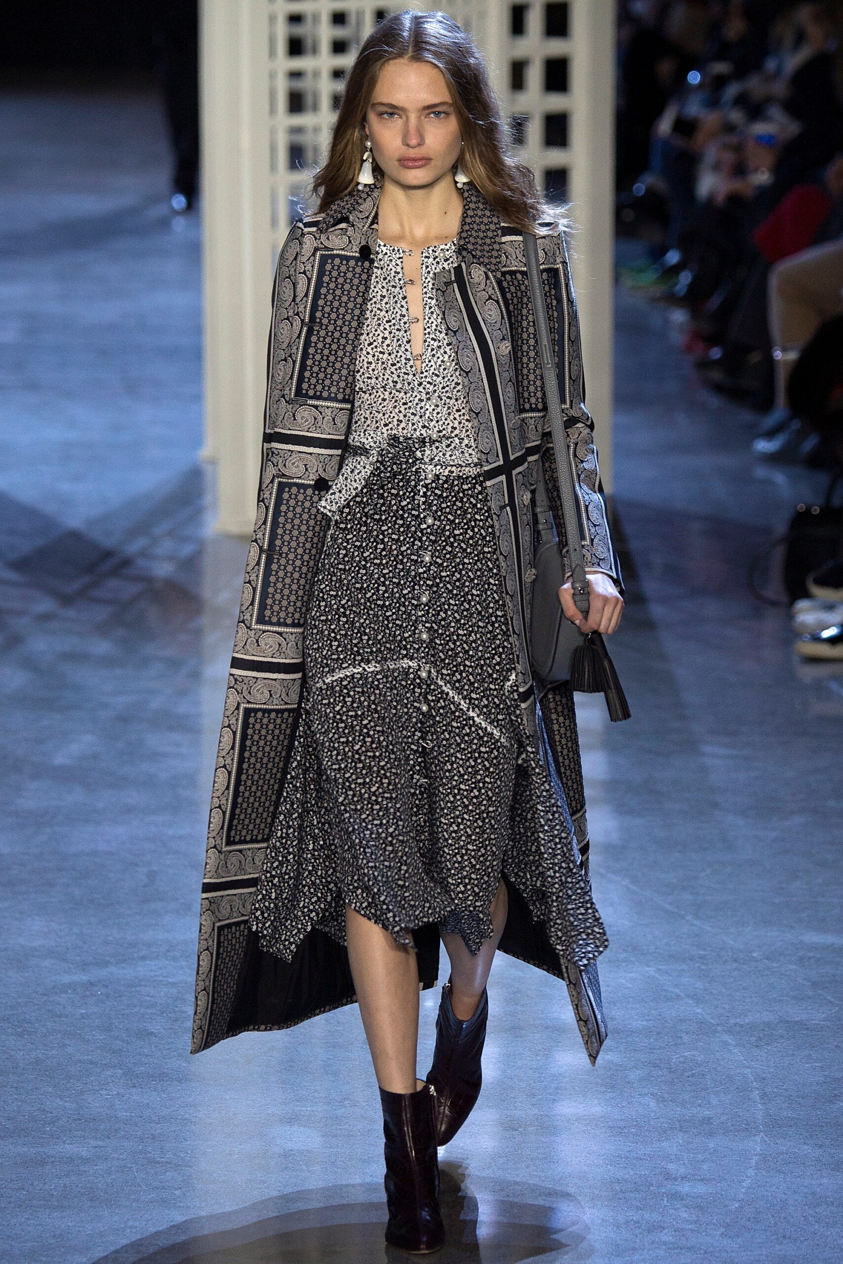 black silk long-sleeve collared relaxed printed draped coat