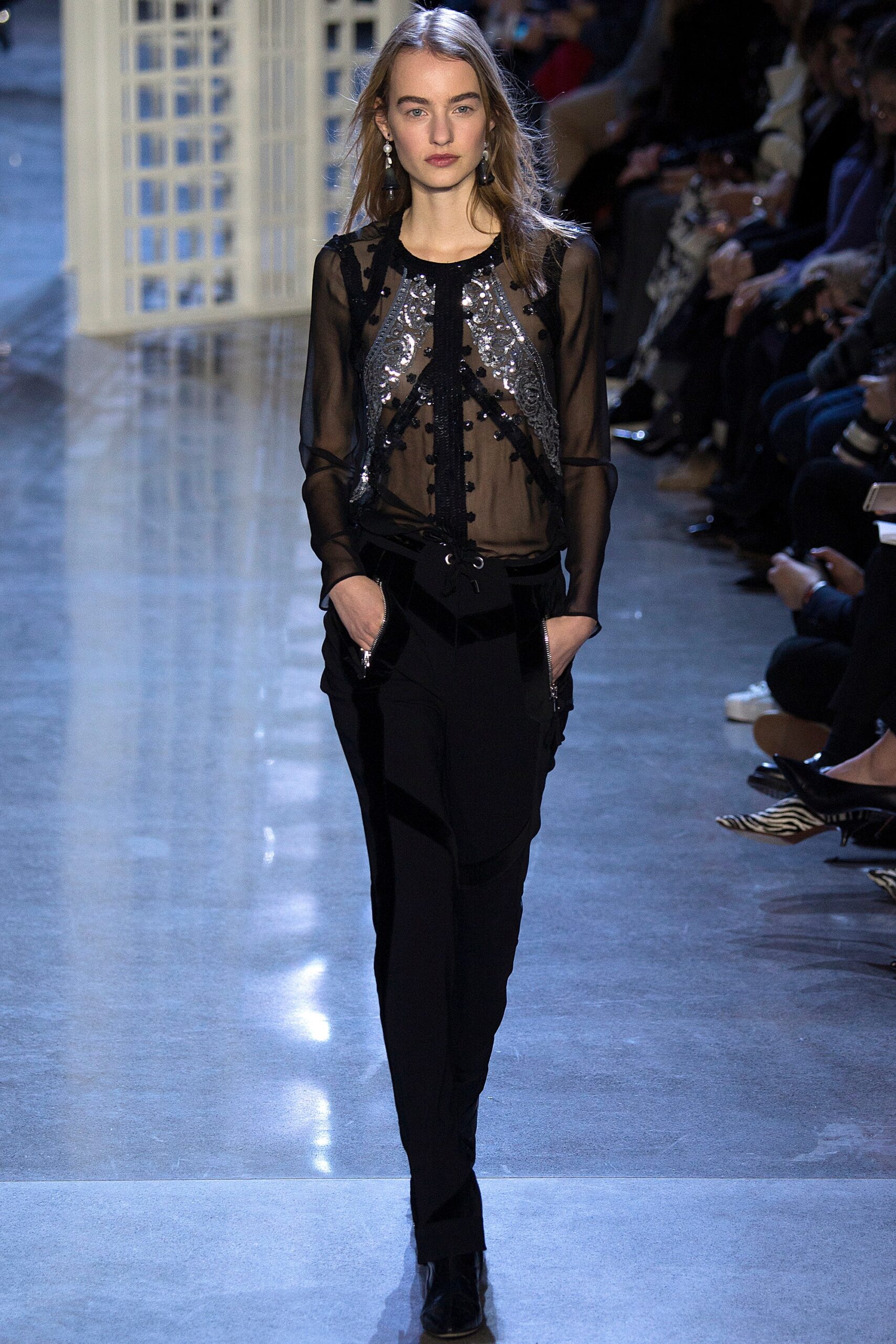 black silk long-sleeve v-neck fitted sequined sheer top