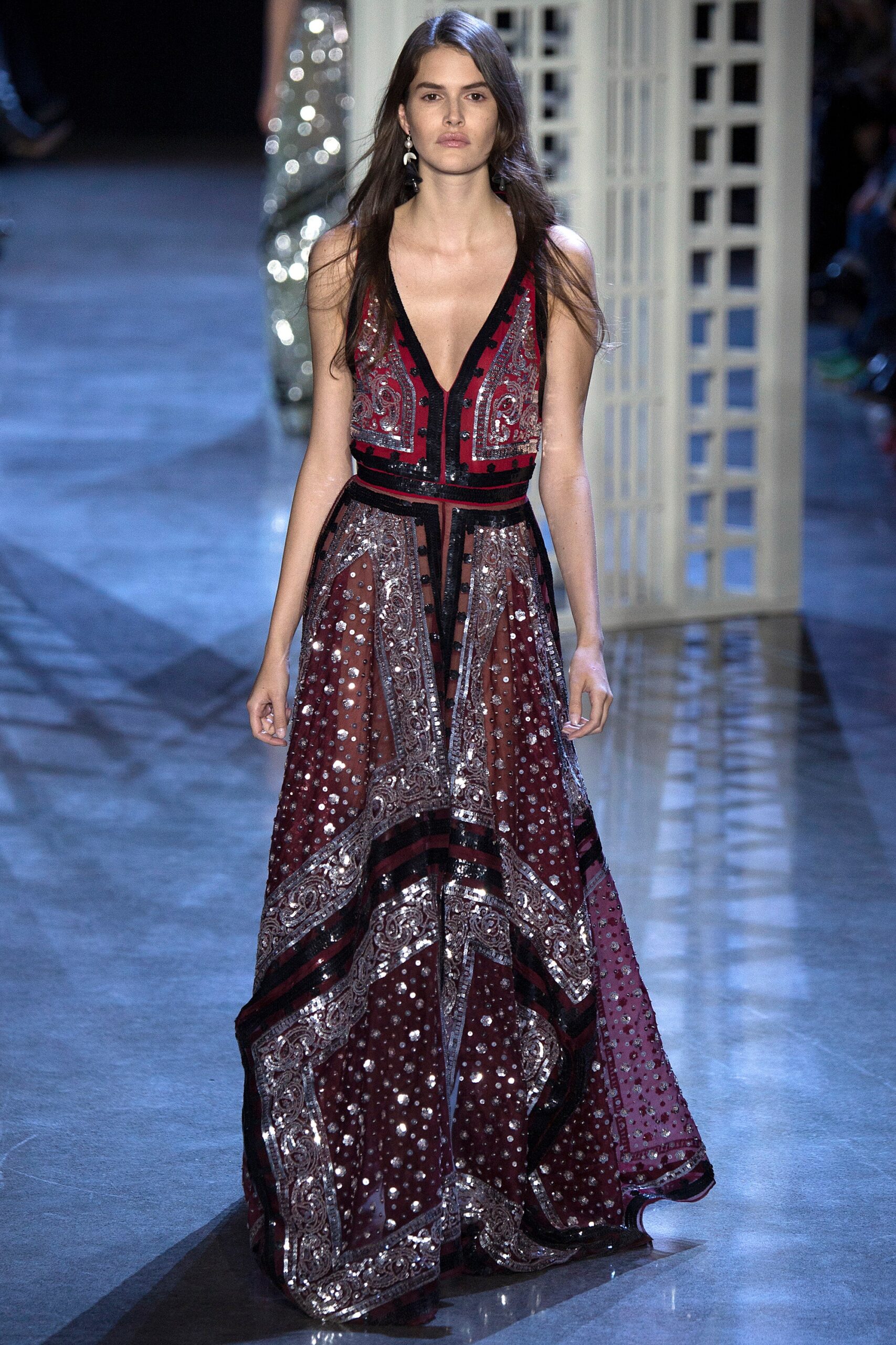 red and black embroidered gown