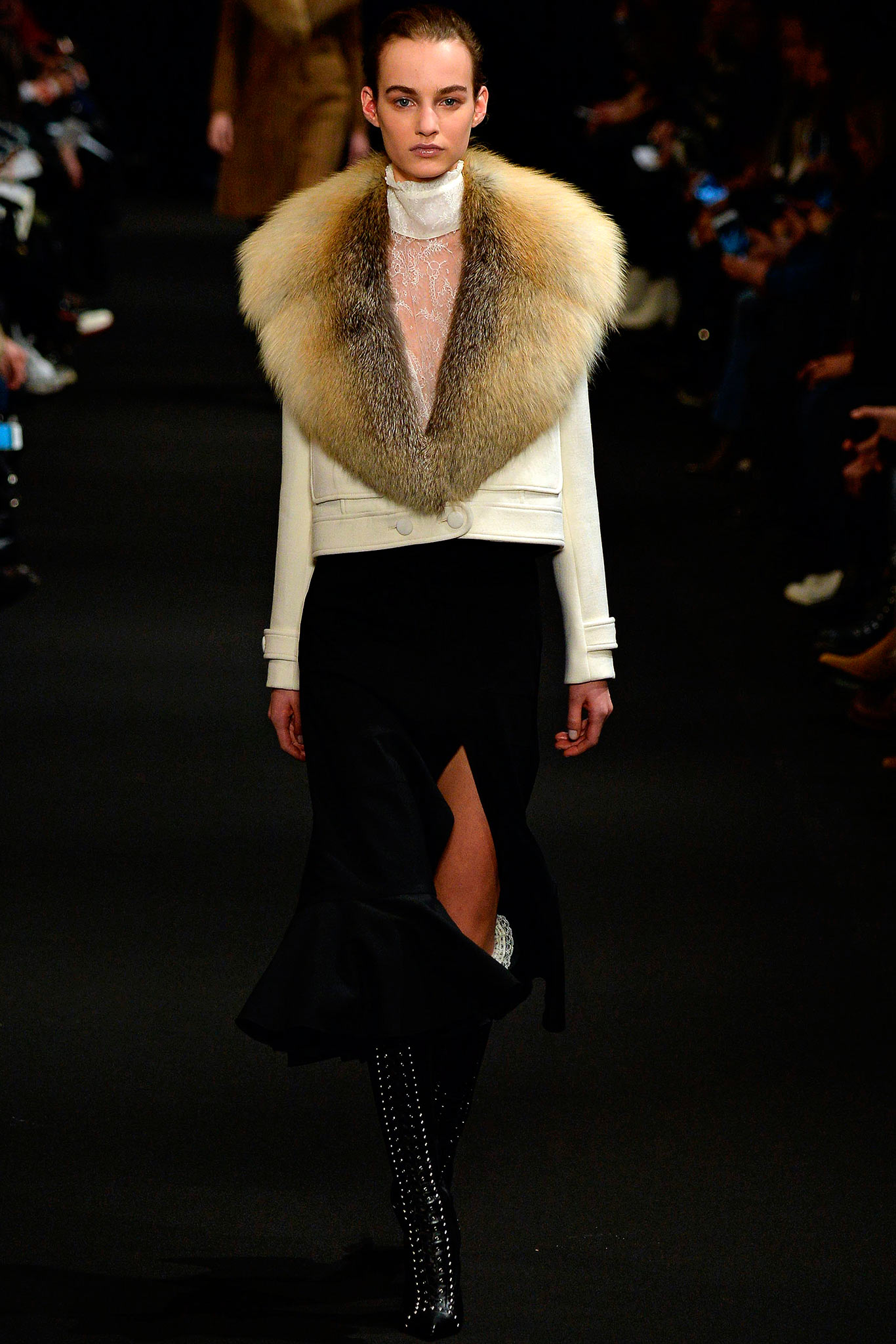 black wool midi skirt with white leather jacket