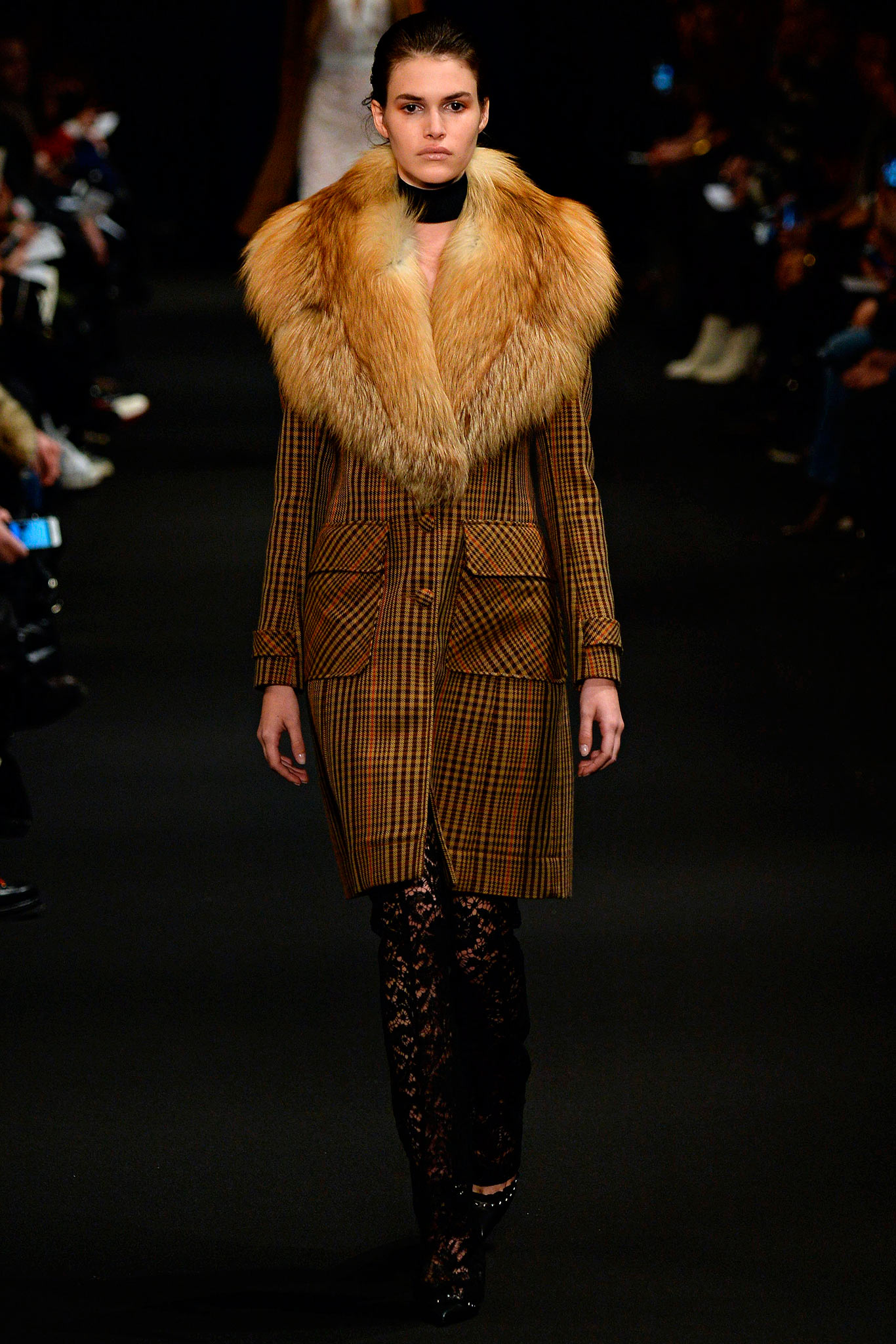 brown checked coat with fur collar