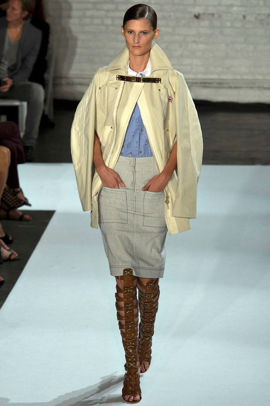 beige coat blue blouse gray skirt