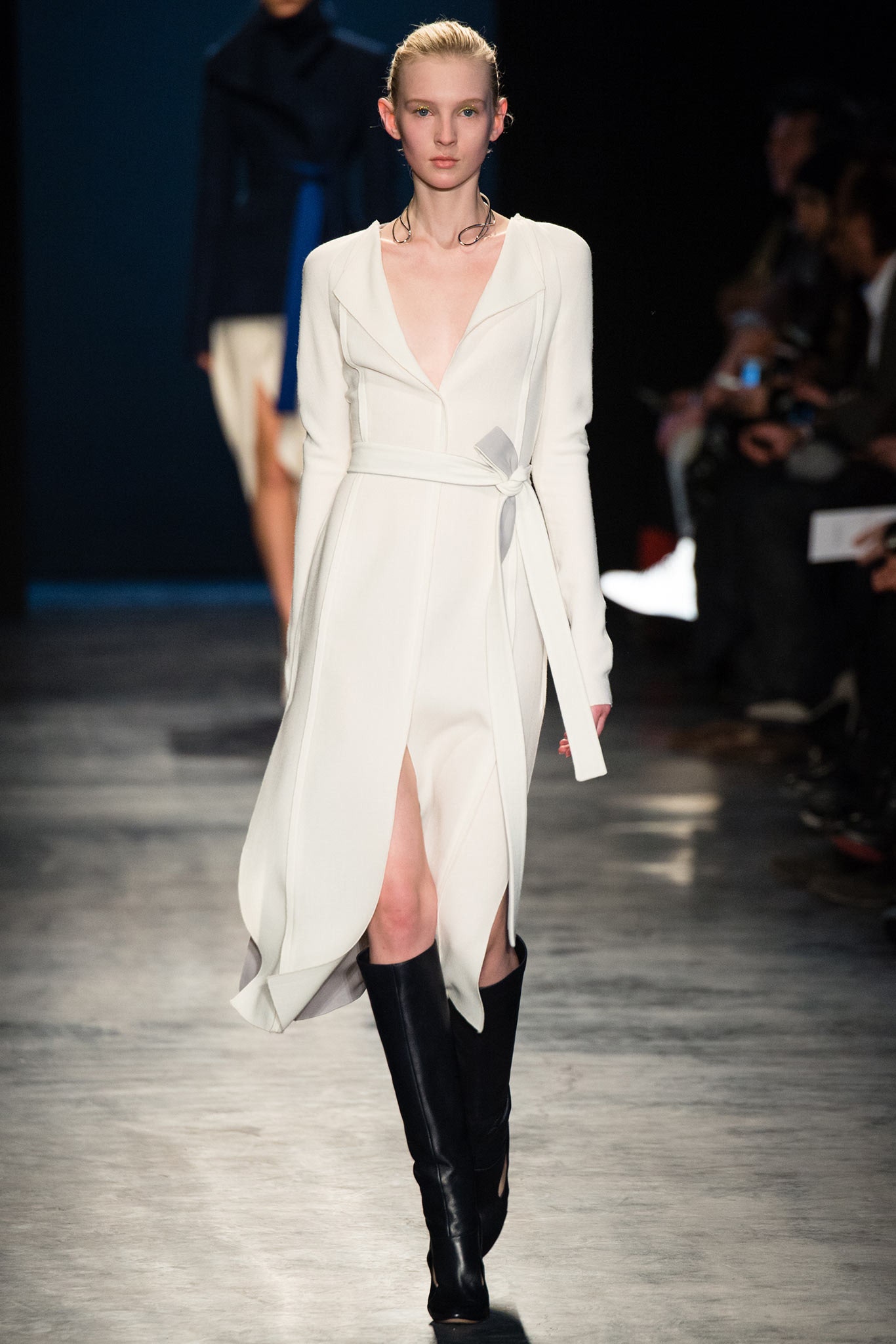 white wool long-sleeve v-neck fitted belted midi dress