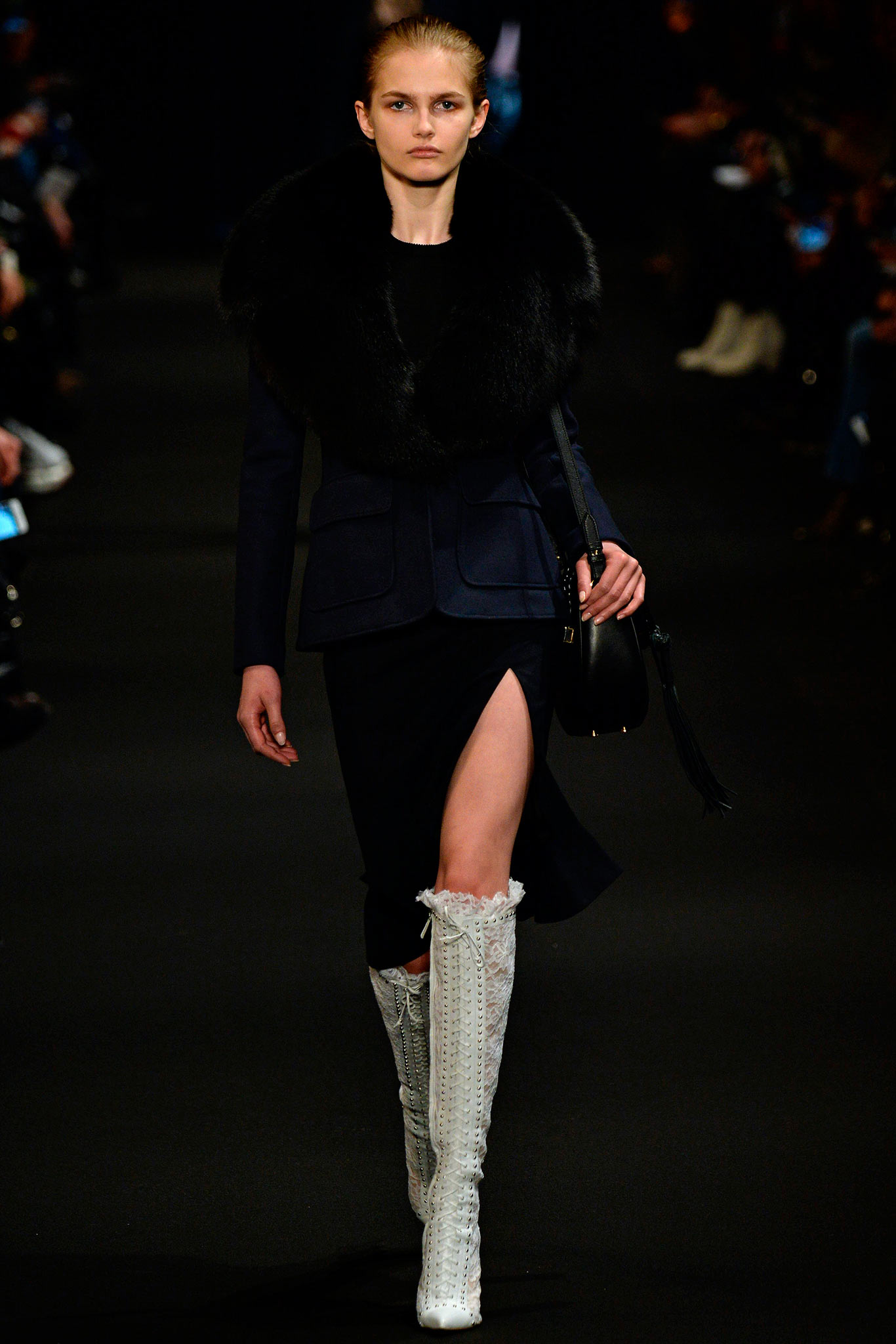 black fitted midi dress with fur coat