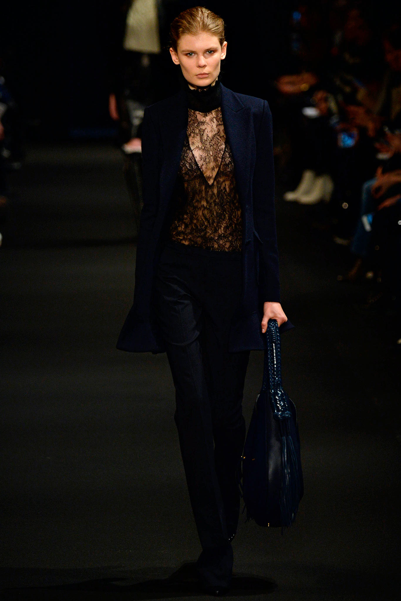 black lace blouse with tailored pants