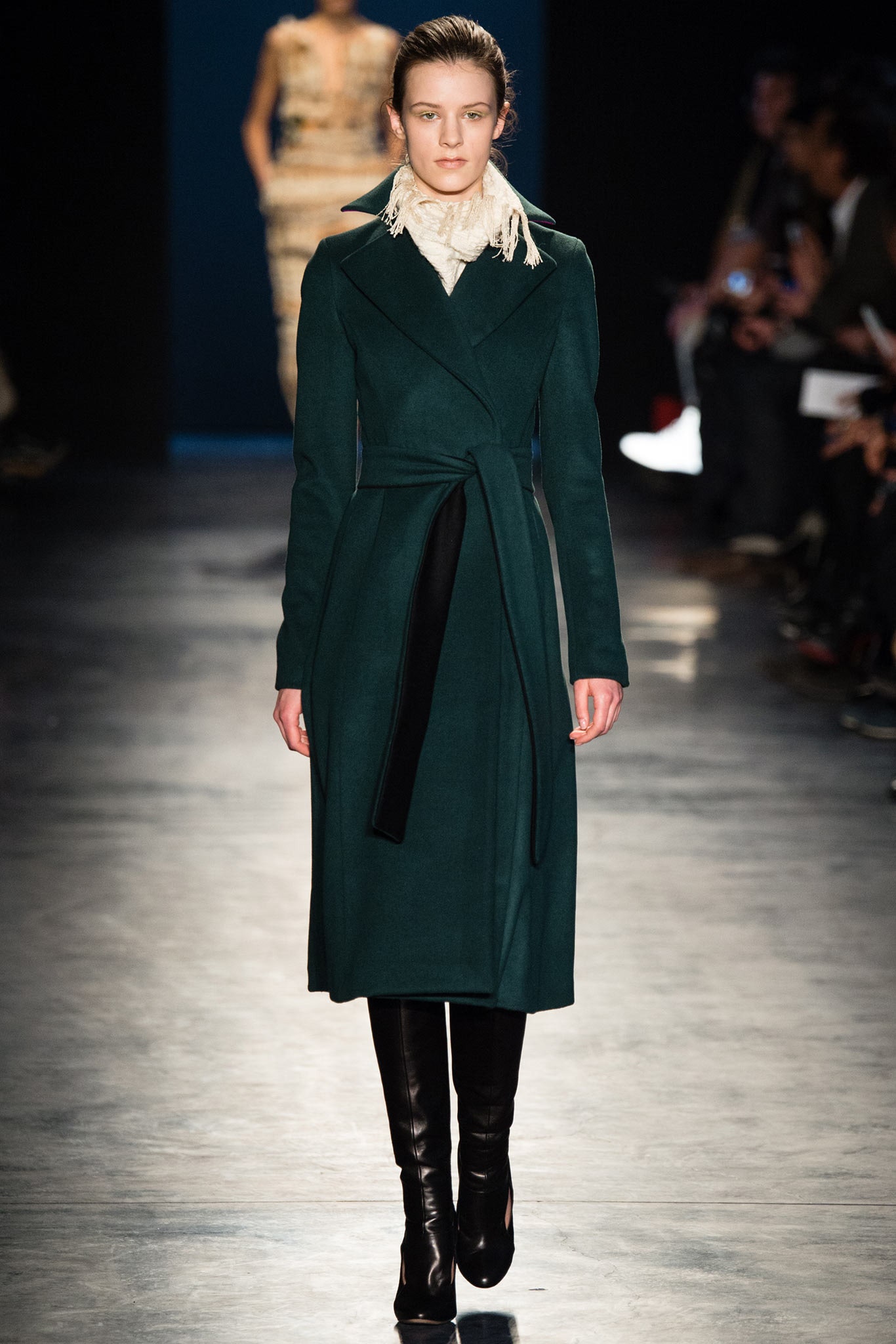 green wool long-sleeve collared fitted belted draped coat
