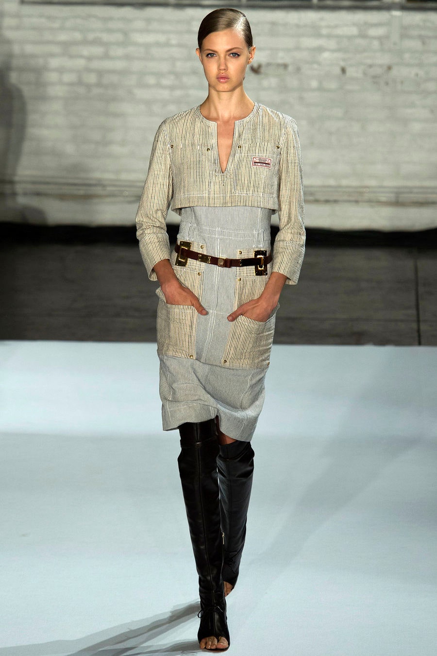 gray beige fitted midi dress with boots