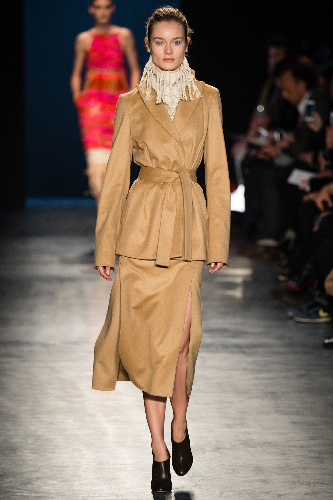 beige wool long-sleeve collared fitted belted midi coat