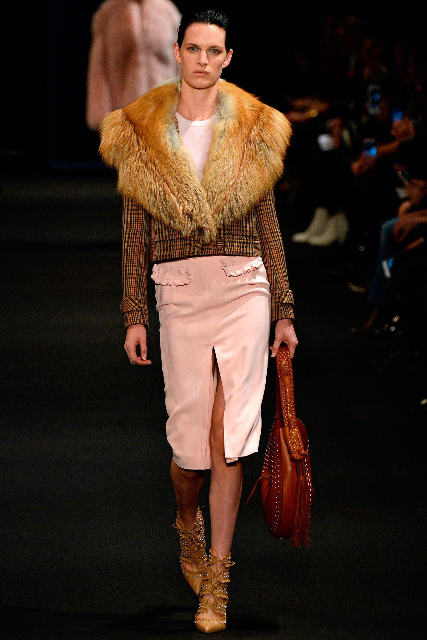 brown checkered jacket with pink skirt