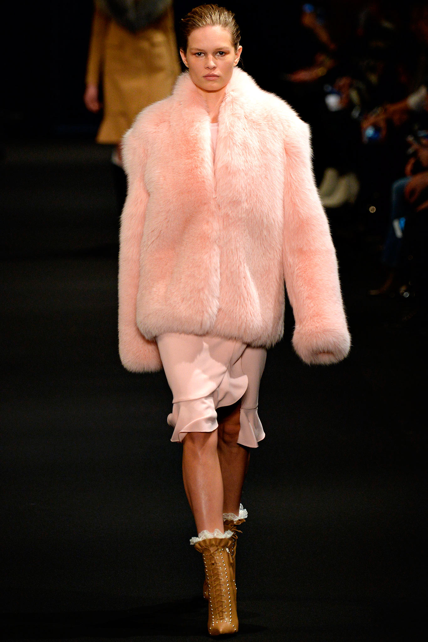 pink faux-fur coat and mini dress