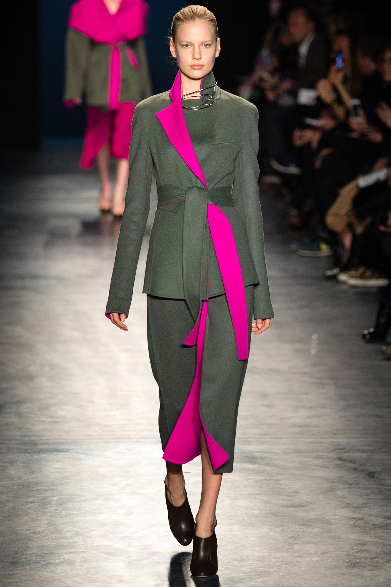 asymmetric green and pink blazer and skirt