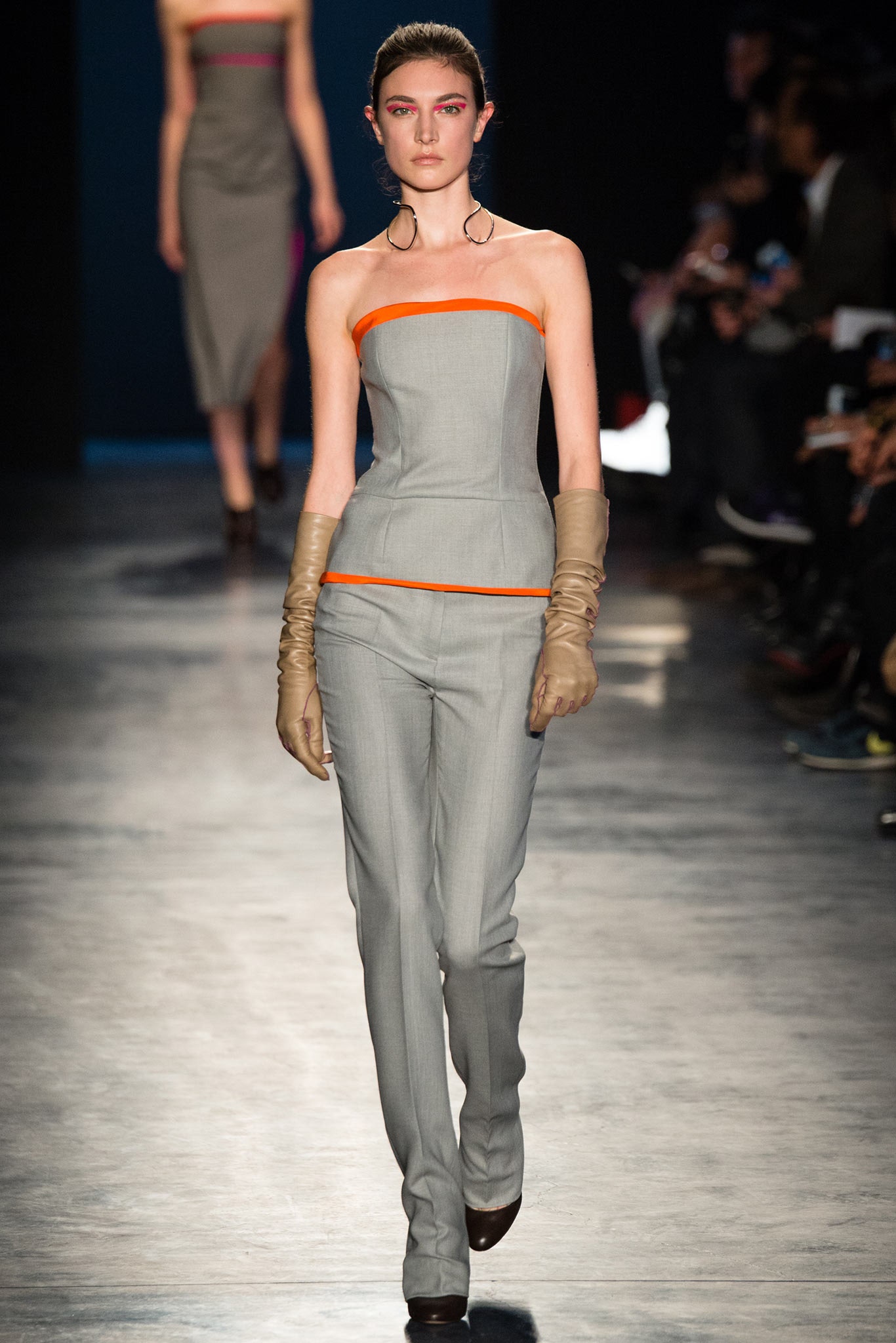 gray wool strapless fitted color-blocked top