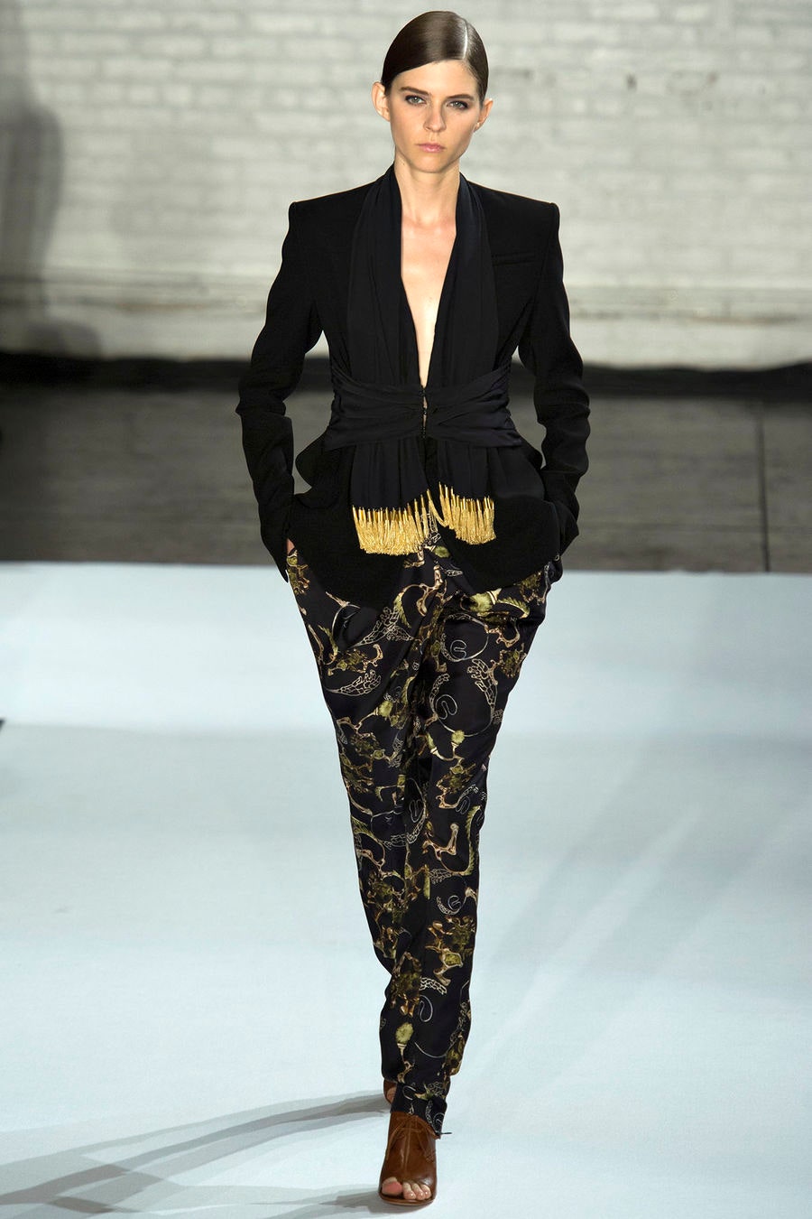 black tailored blazer with printed pants