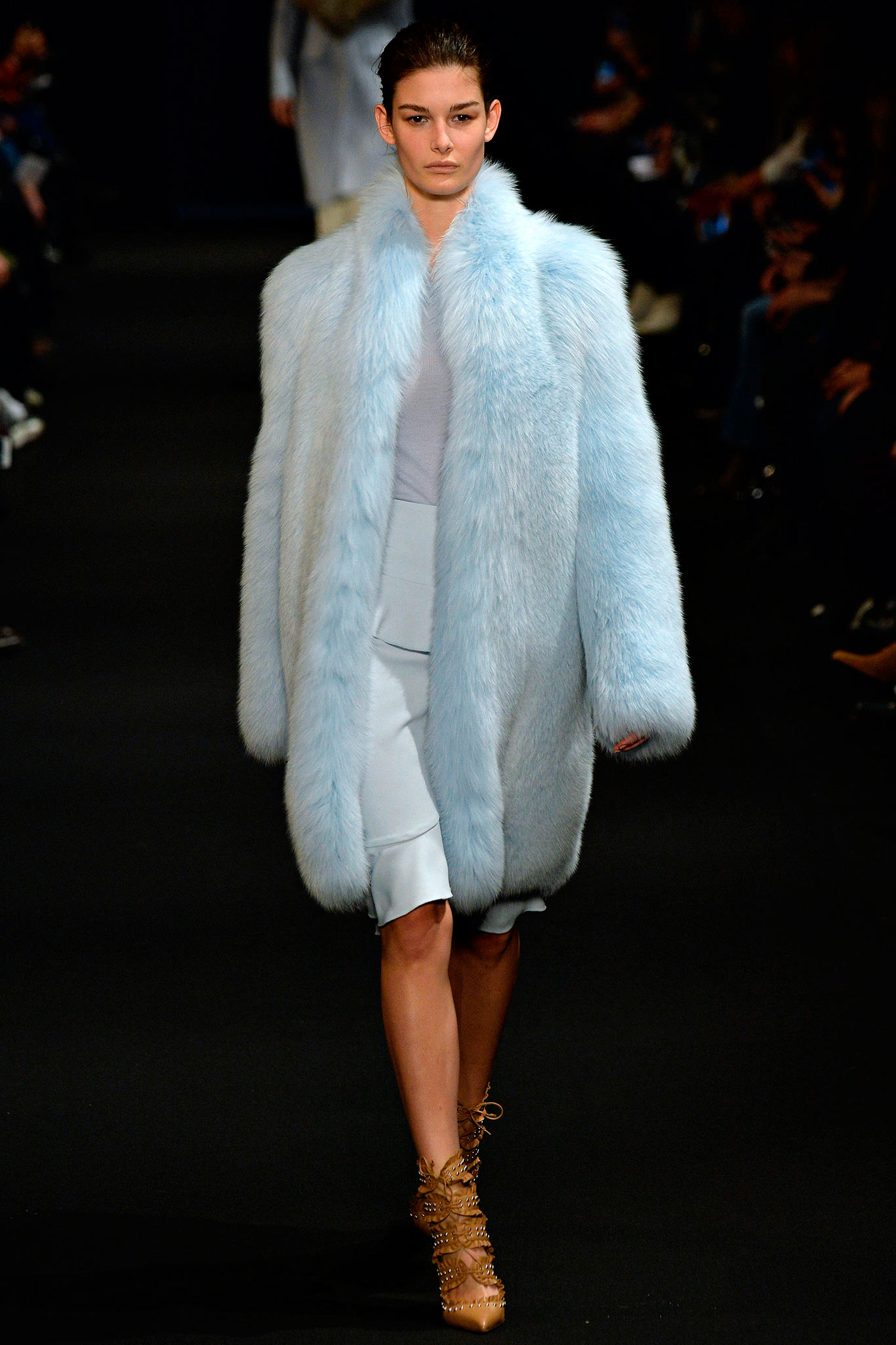 blue faux-fur coat and light blue dress