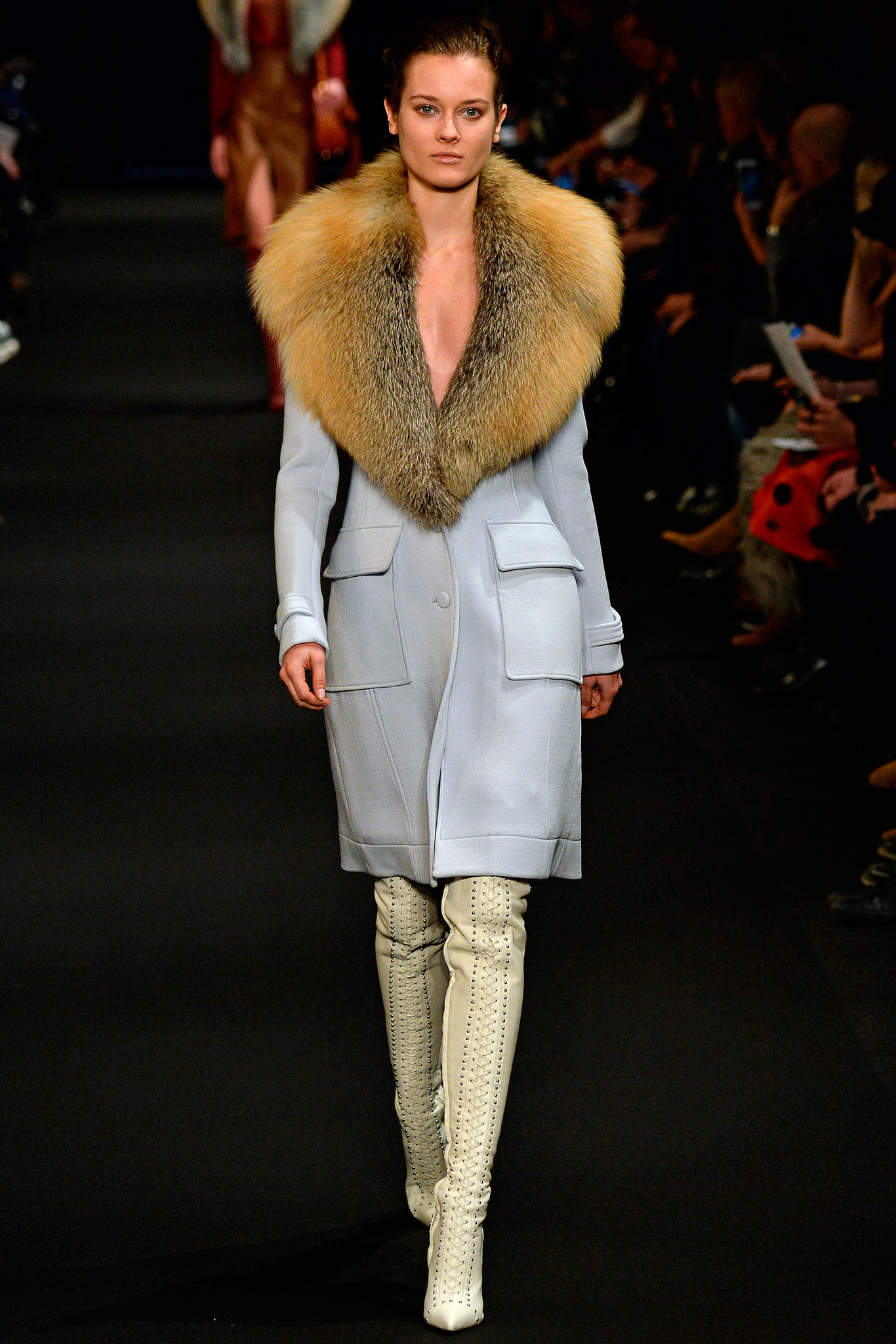 light blue leather coat with fur