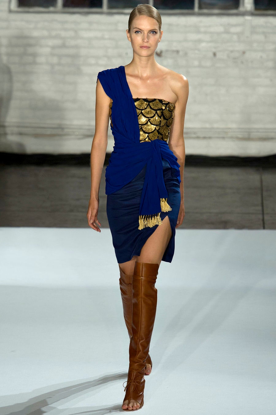blue and gold asymmetric dress