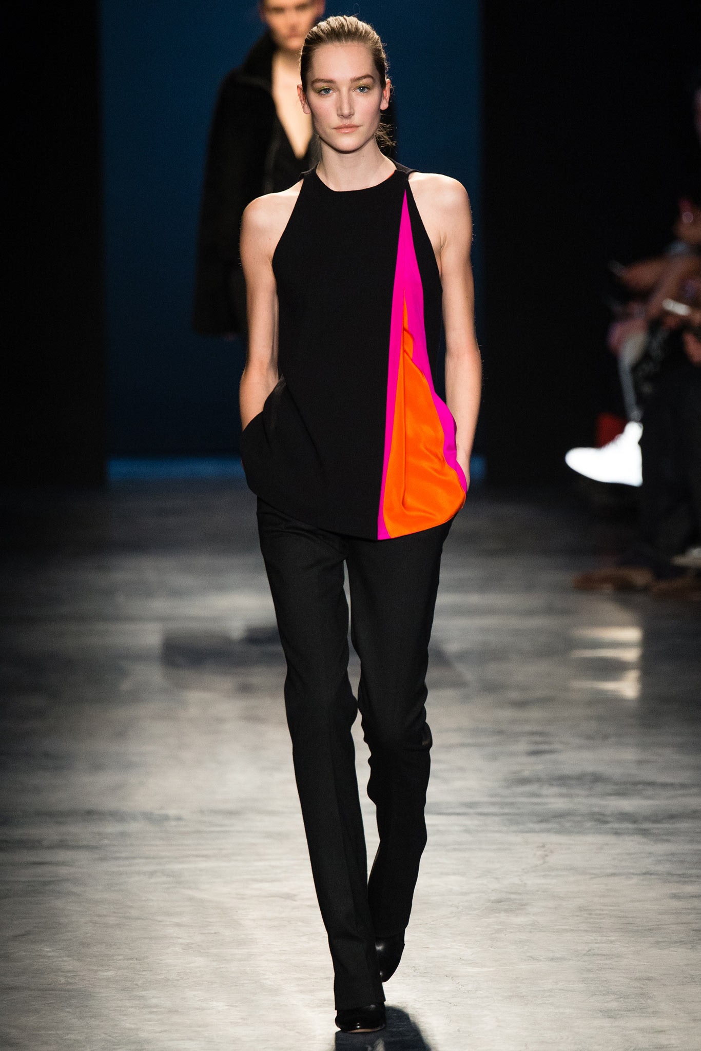 fitted black color-blocked top with tailored pants