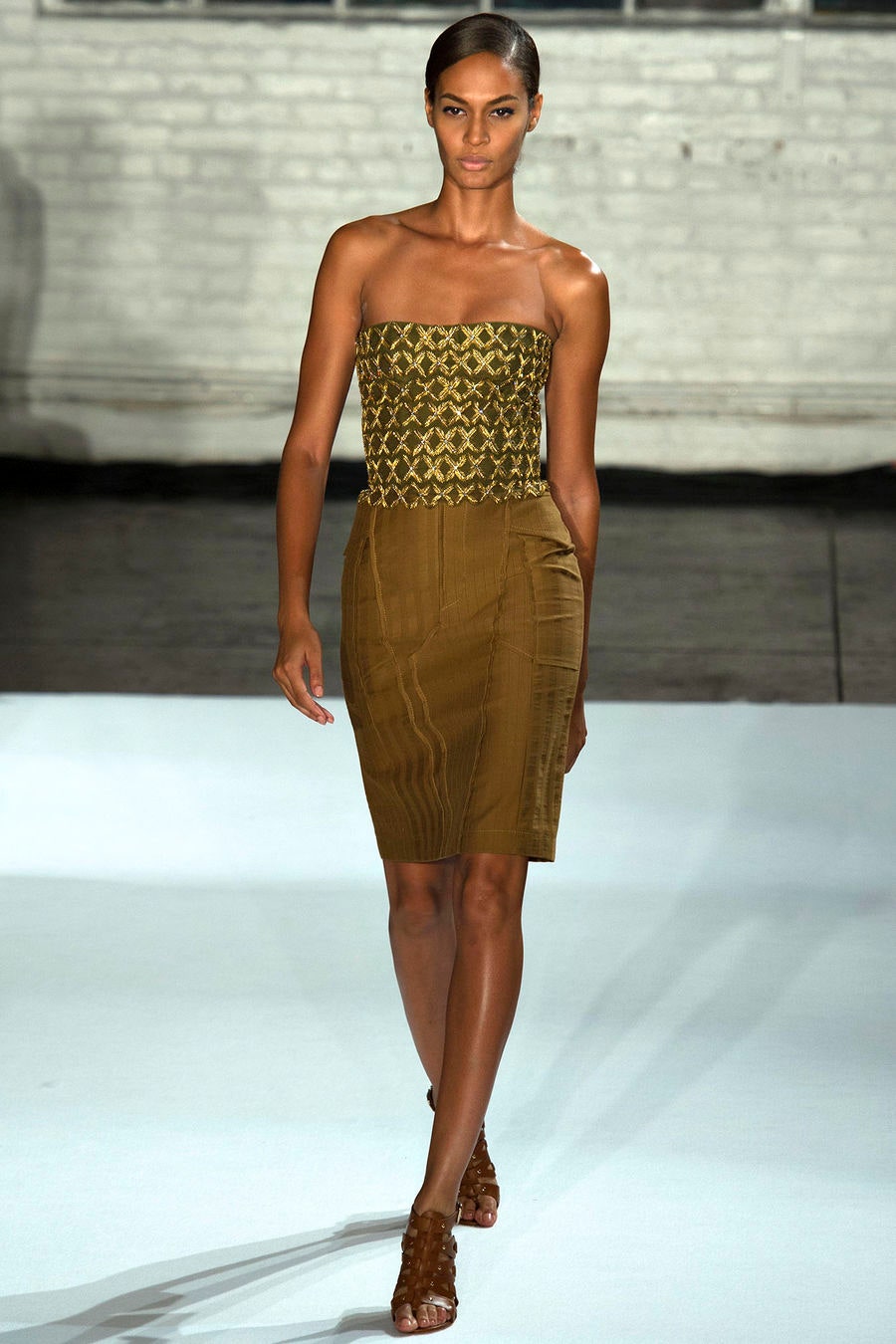 green brown strapless pencil dress