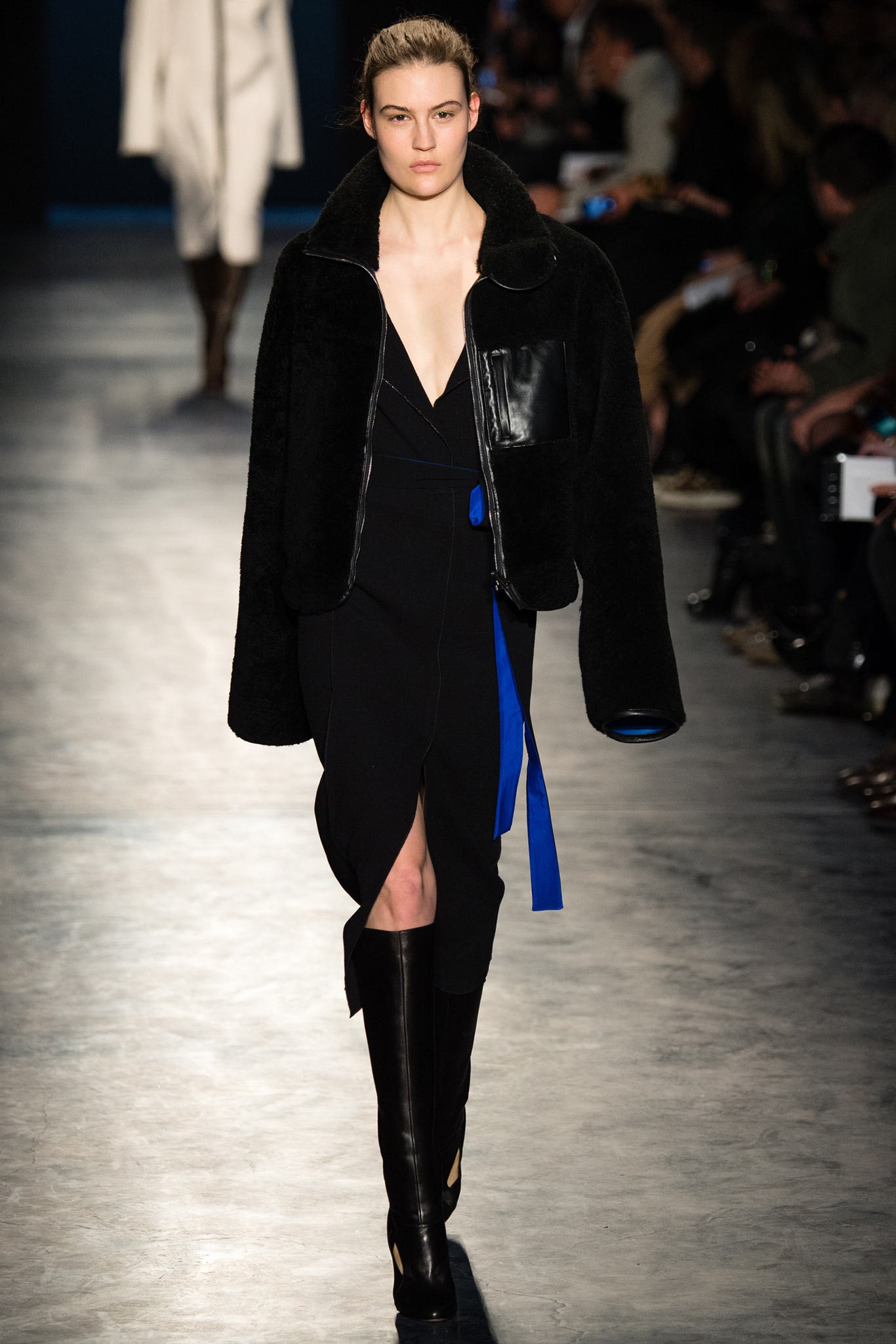 black fitted midi dress with oversized jacket