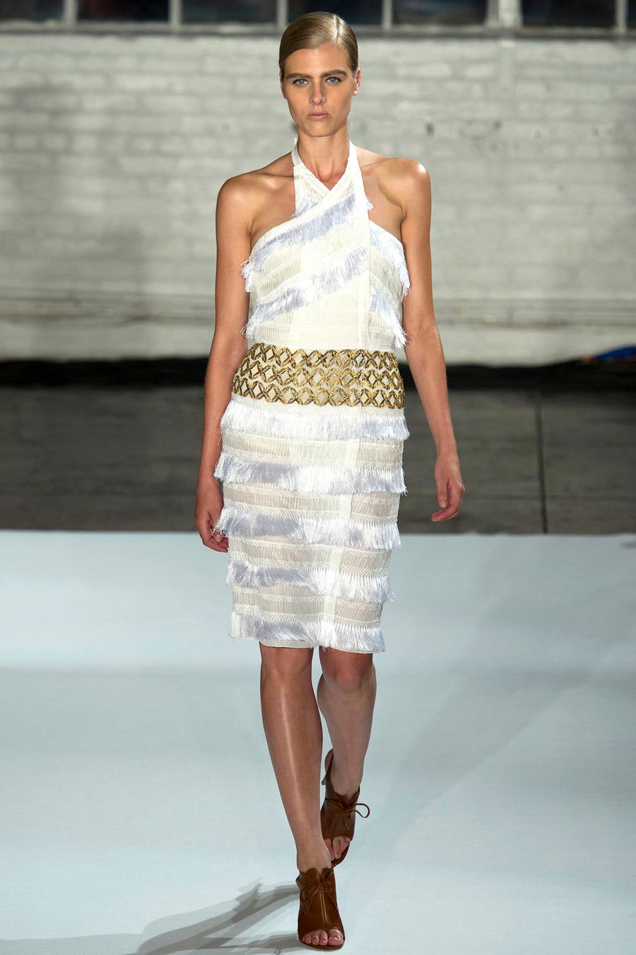 white fringed mini dress with gold belt