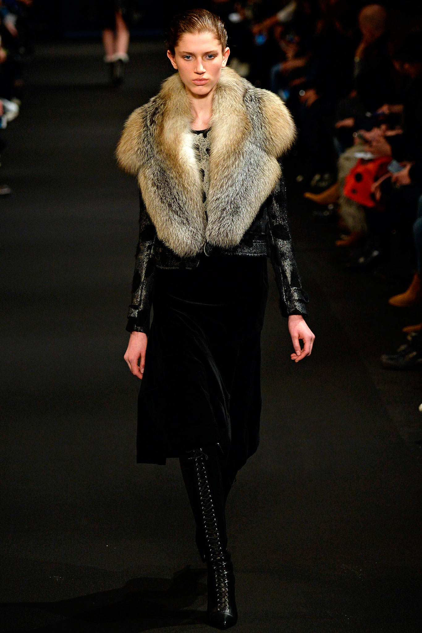 black velvet midi dress with fur jacket