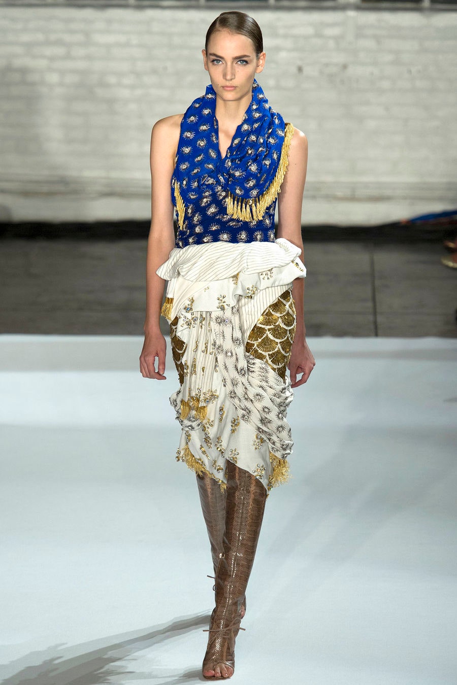 blue embroidered silk top with asymmetric skirt