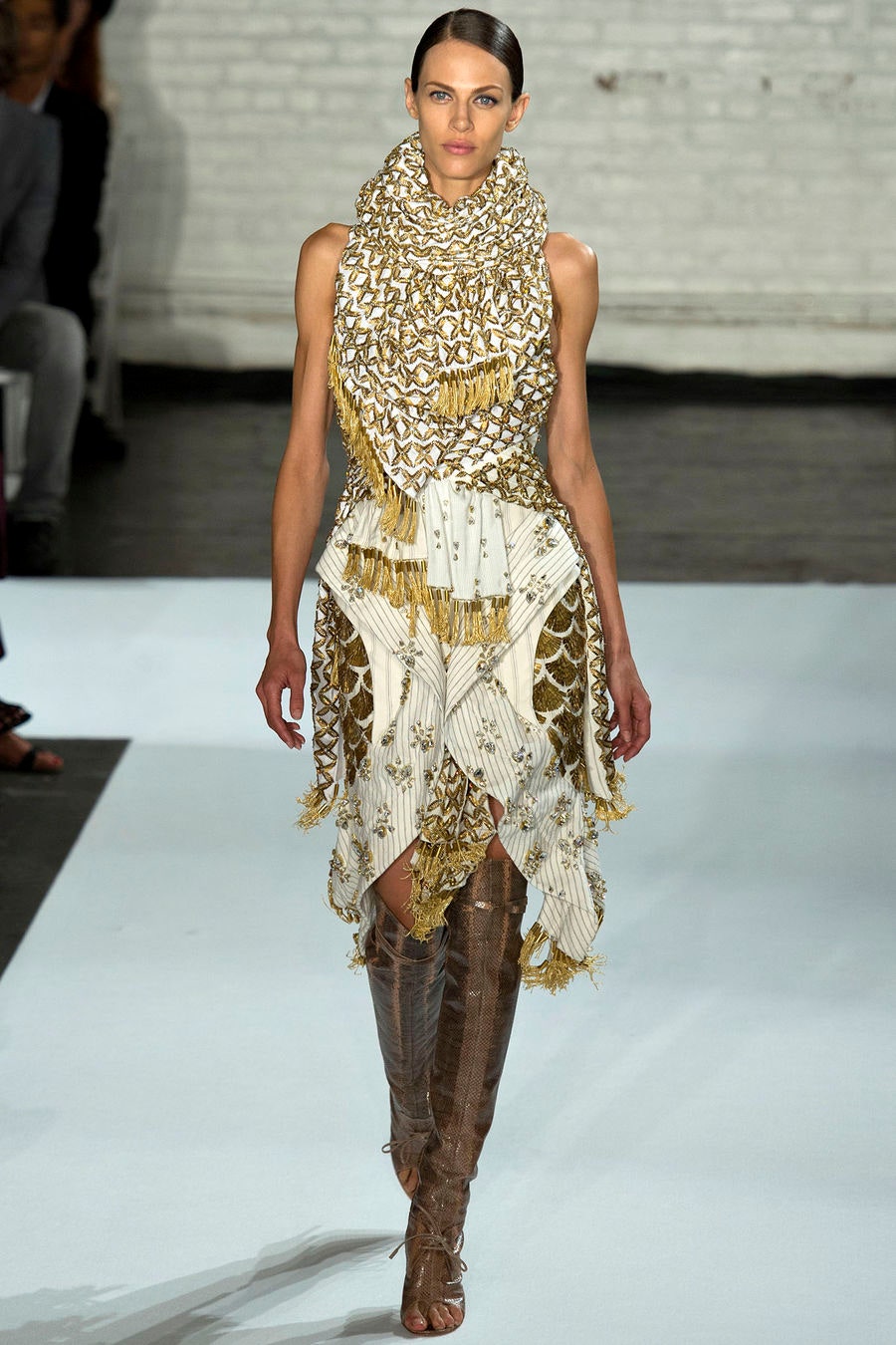 fringed white and gold dress