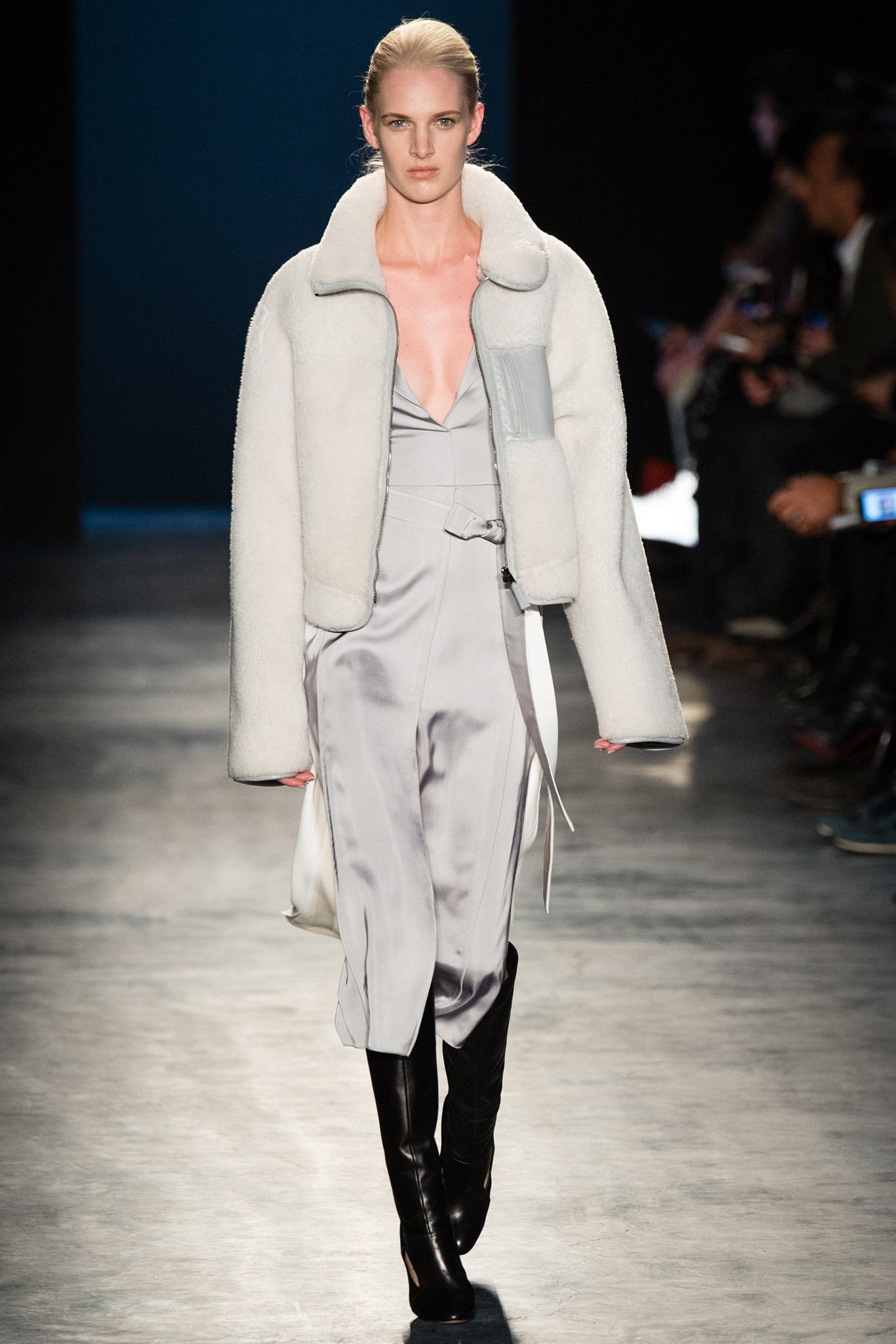 white fur coat gray silk dress